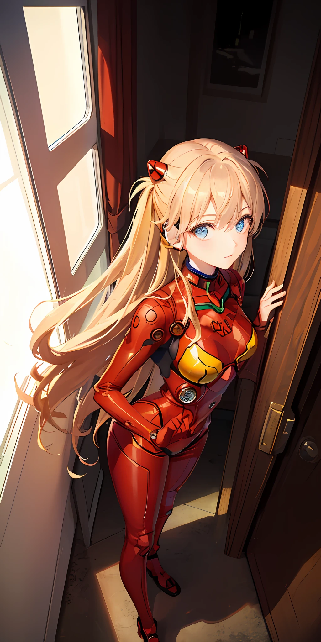 (Overhead view),dynamic angle,ultra-detailed, illustration, close-up, straight on, 1girl, 
 ((souryuu asuka langley, interface headset, red bodysuit:1.4, blonde)),Her eyes shone like dreamy stars,(glowing eyes:1.233),(beautiful and detailed eyes:1.1),(expressionless,closed mouth),(standing), 
(mechanic room with toolsand spaceship windowin a white SPACESHIP),
(night:1.2),dreamy, [[delicate fingers and hands:0.55]::0.85],(detail fingers),