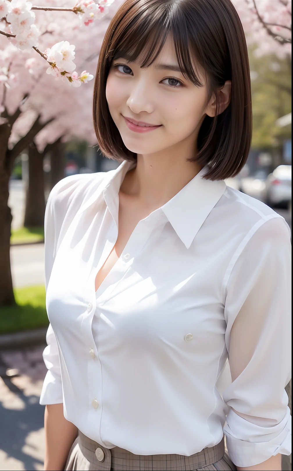 ((top-quality、8K、masterpiece))、cherry trees、Spring scenery、Cute Japan woman in short cut、Spring schoolgirl uniform、foco nítido、Beautiful woman with perfect body shape、Slim abs、((Wet White Button Long Shirt、)street、wetbody、Highly detailed facial and skin texture、A detailed eye、二重まぶた、Beautiful breasts、A slight smil