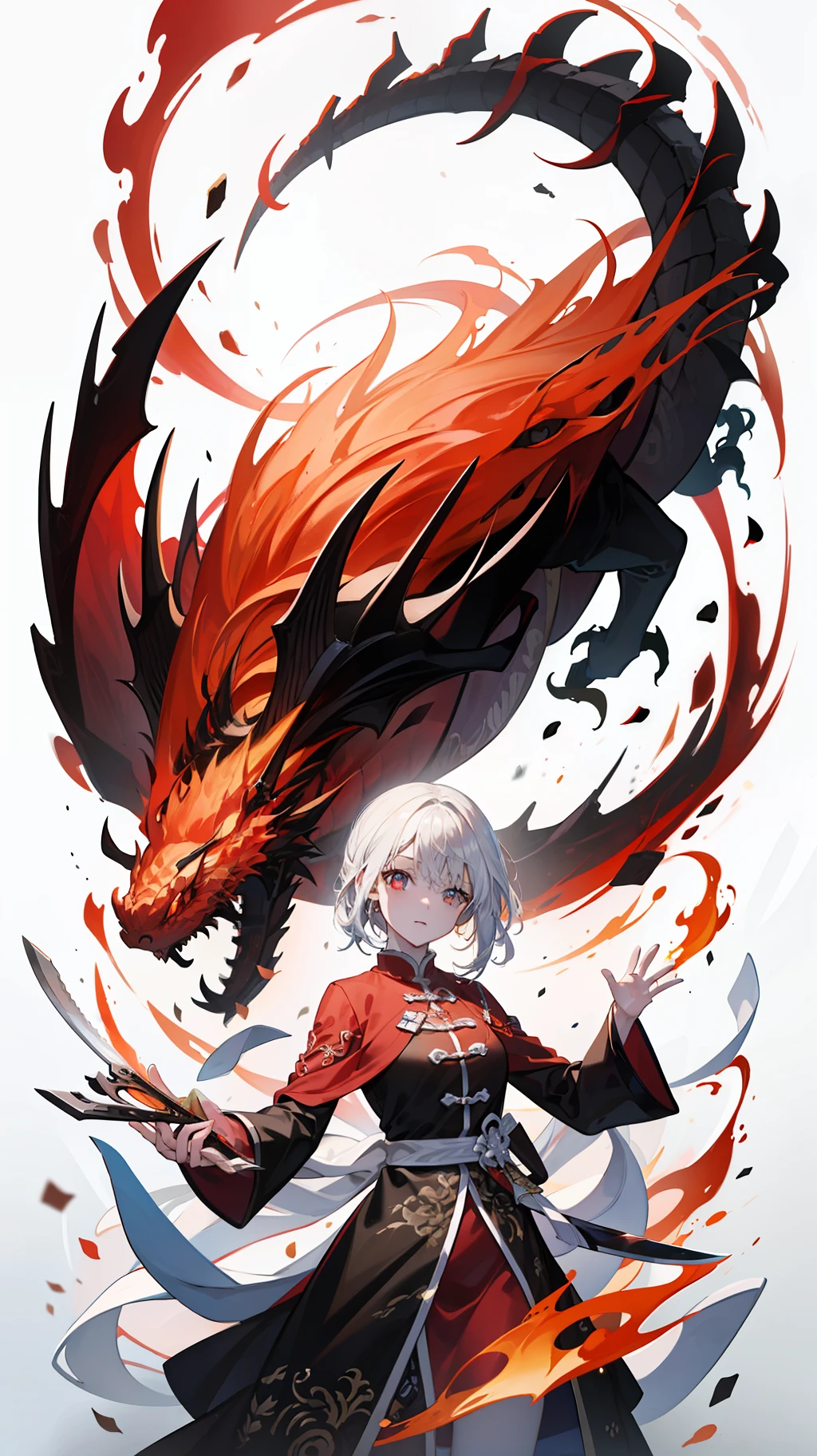 RAW photogr，best qualtiy，tmasterpiece，超高分辨率，（realisticlying：1.4），Anime a poster，1 hand holding a large long knife，Two hands，wave，Traditional Chinese ink style，Girl Dragon Slayer，The main color is red, White, black ink，Dynamic movements，dynamicposes，sport，full bodyesbian：：1 Amazing Vector in oil painting environmental art cinematic， diorama， Complicated details， 独奏， shift dresses， Floating_Hair，Milky white skin