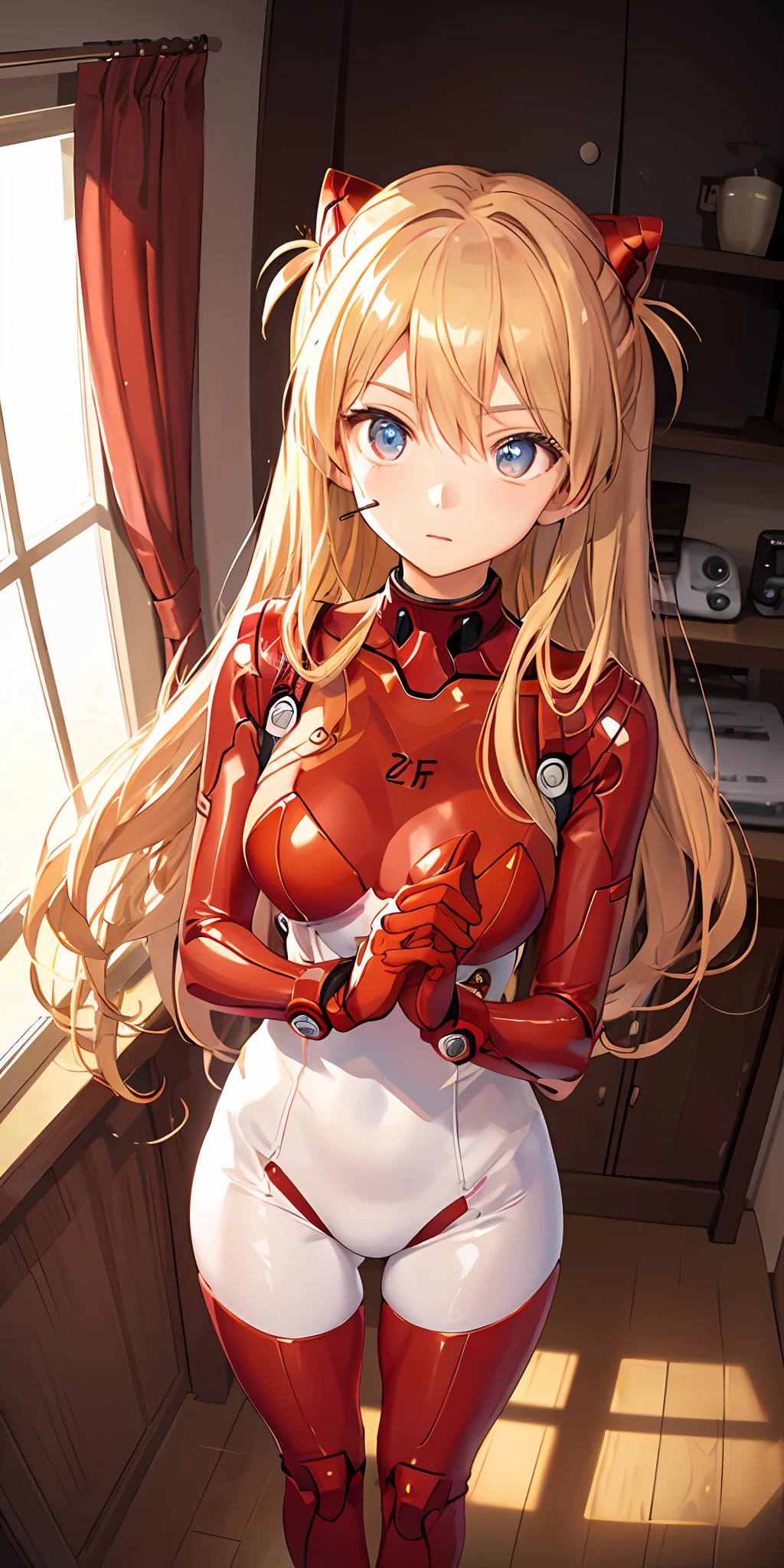 (Overhead view),dynamic angle,ultra-detailed, illustration, close-up, straight on, 1girl, 
 ((souryuu asuka langley, interface headset, red bodysuit:1.4, blonde)),Her eyes shone like dreamy stars,(glowing eyes:1.233),(beautiful and detailed eyes:1.1),(expressionless,closed mouth),(standing), 
(mechanic room with toolsand spaceship windowin a white SPACESHIP),
(night:1.2),dreamy, [[delicate fingers and hands:0.55]::0.85],(detail fingers),