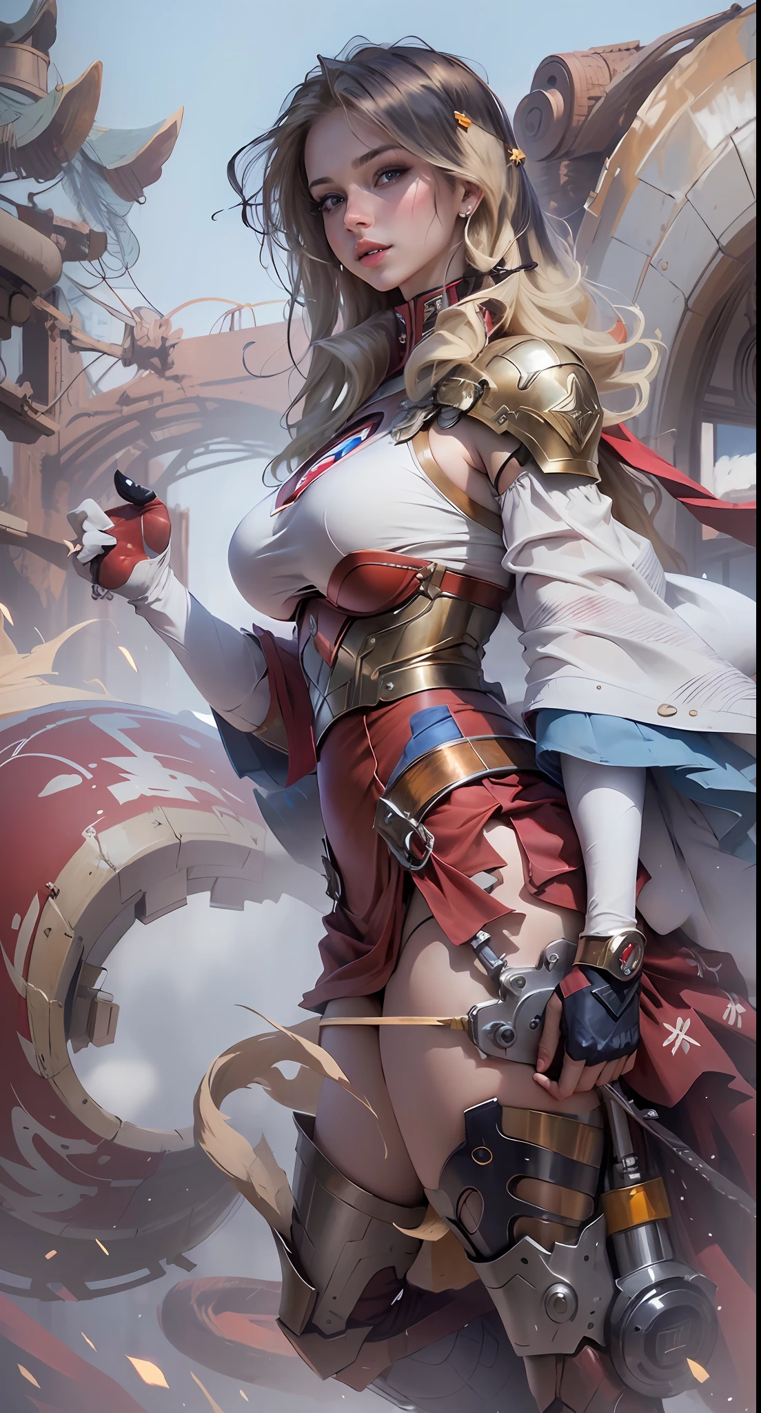 (best quality)), ((masterpiece)), ((realistic)), (detailed), detailed face,supergirl Beautiful woman (20 years old, long blonde hair, blue eyes) defined body, detailed, using tube dress cosplay supergirl suite,(((huge breasts)))