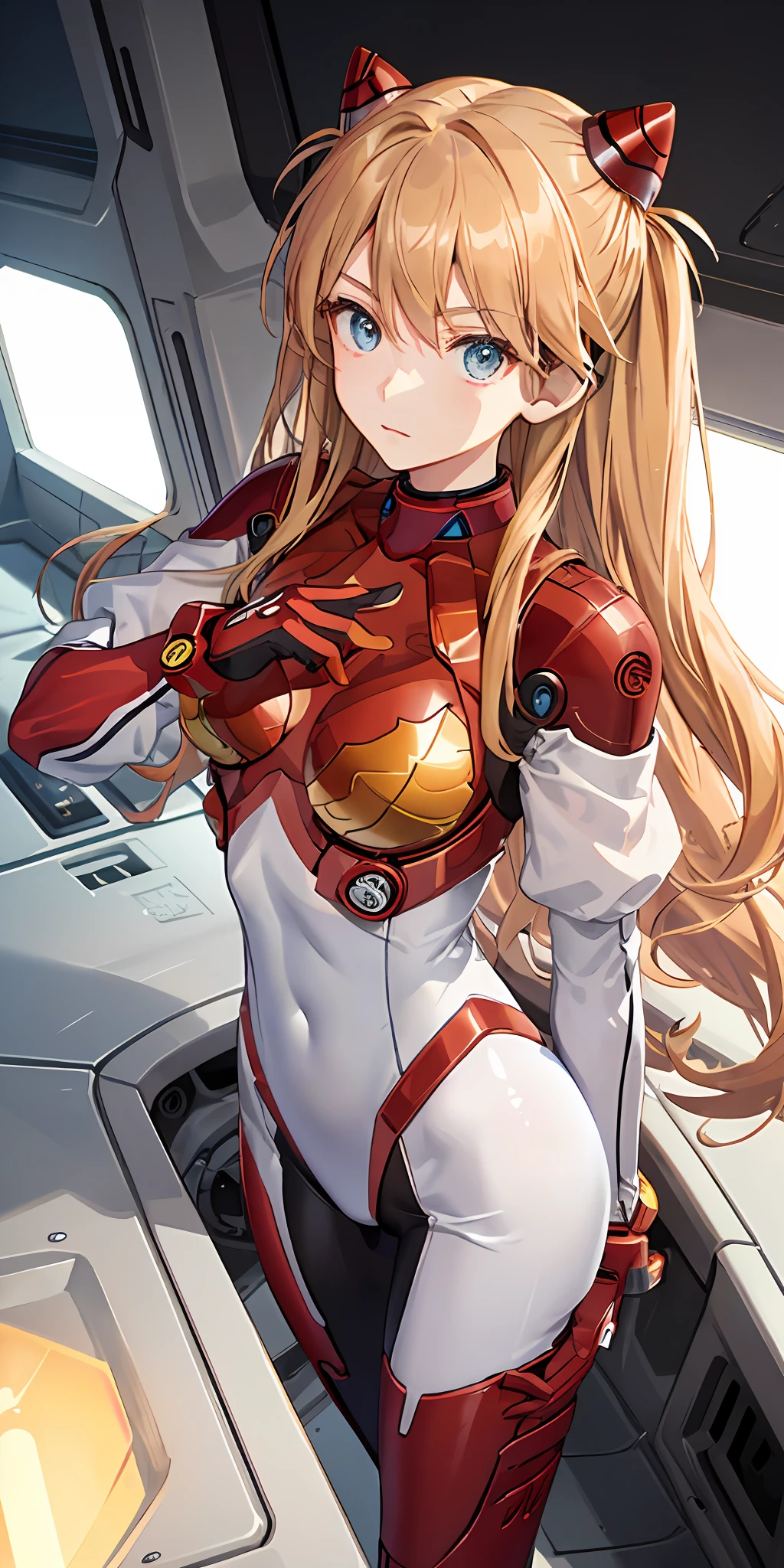 (Overhead view),dynamic angle,ultra-detailed, illustration, close-up, straight on, 1girl, 
 ((souryuu asuka langley, interface headset, red bodysuit:1.4, blonde)),Her eyes shone like dreamy stars,(glowing eyes:1.233),(beautiful and detailed eyes:1.1),(expressionless,closed mouth),(standing), 
(mechanic room with toolsand spaceship windowin a white SPACESHIP),
(night:1.2),dreamy, [[delicate fingers and hands:0.55]::0.85],(detail fingers),