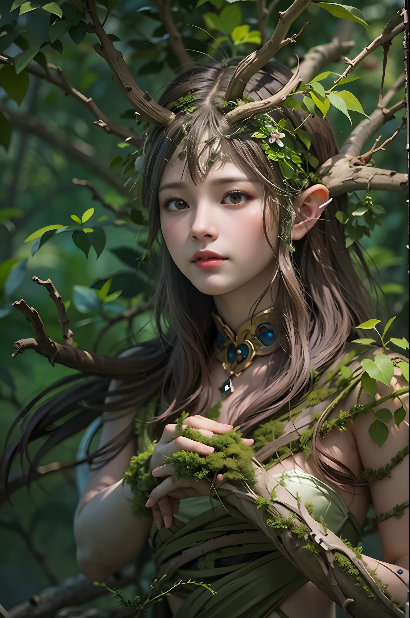 masterpiece, top-quality, 1 dryad、Slim body、small tits、exceptionally detailed anatomy, Leaf clothes、large leaves on the head,,,,,,、lovely, emotive, Charming, Bewitching、Giant trees、Branch corridor、World Tree、Fantastical、Slim body、small tits、(((beautiful countenance)))、Tree Spirit、In the deep forest、Nymphs、myth 、PsyAI、Dynamic angles