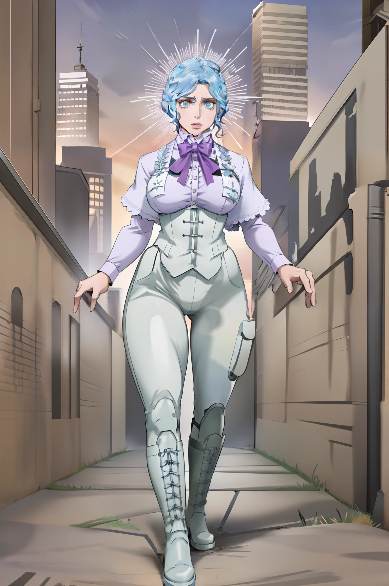 Omniels, blue hair, short hair, , angel halo, corset, boots,vest, gloves, big breast, alone, walking, hazbin hotel style