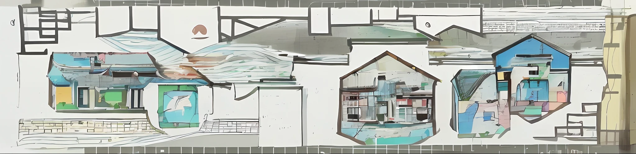 Colorful drawings on the walls of the building，Rich in architectural drawings，Architectural drawing and painting，detailed set design，Architectural artwork，Architectural illustration，conceptual drawing，Inspired by Klaas Jans. Vischer、Chris Weir and Tahara Tani Soda，and well-designed sets。