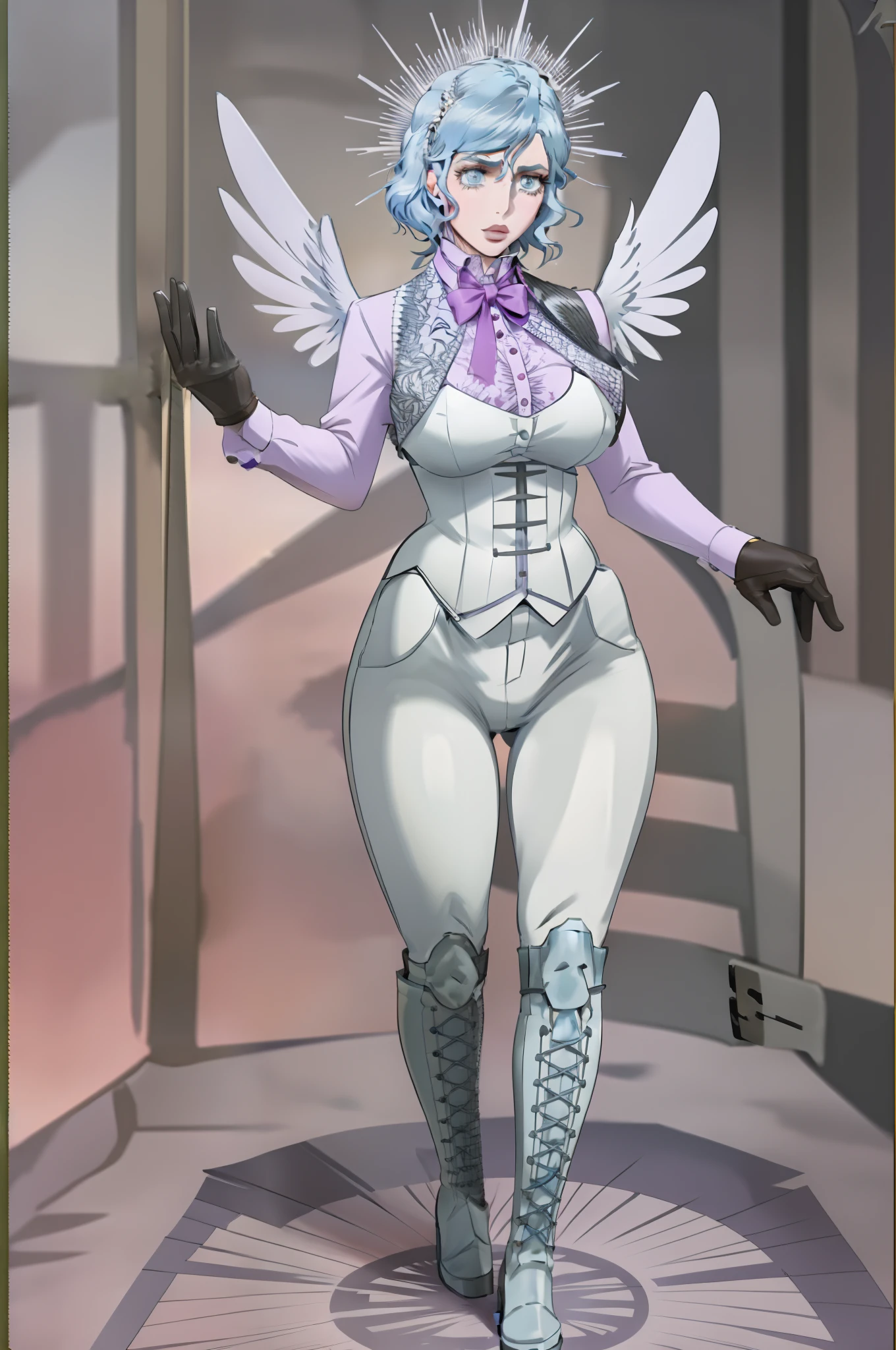 Omniels, blue hair, short hair, , angel halo, corset, boots,vest, gloves, big breast, alone, walking, hazbin hotel style