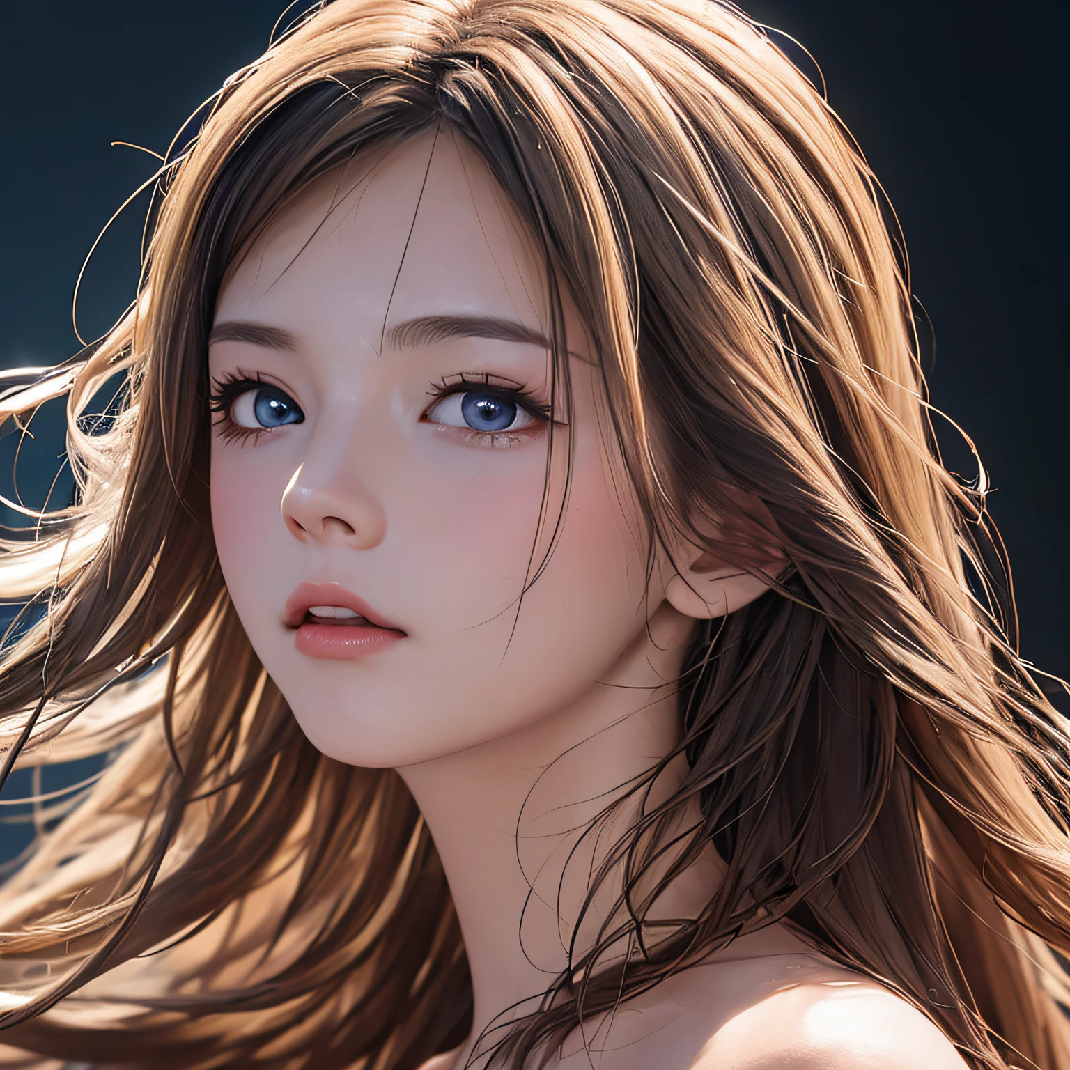 (8K, RAW Photos, of the highest quality, Masterpieces: 1.2), (Realistic, Photorealistic: 1.37), Highest Quality, Ultra High Resolution, light  leaks, Dynamic lighting, Slim and smooth skin, (Full body:1.3), (Soft Saturation: 1.6), (Fair skin: 1.2), (Glossy skin: 1.1), Oiled skin, 22 years old, Night, shiny white blonde, Well-formed, Hair fluttering in the wind, Close-up shot of face only, Physically Based Rendering, From multiple angles, appearance々Facial expressions