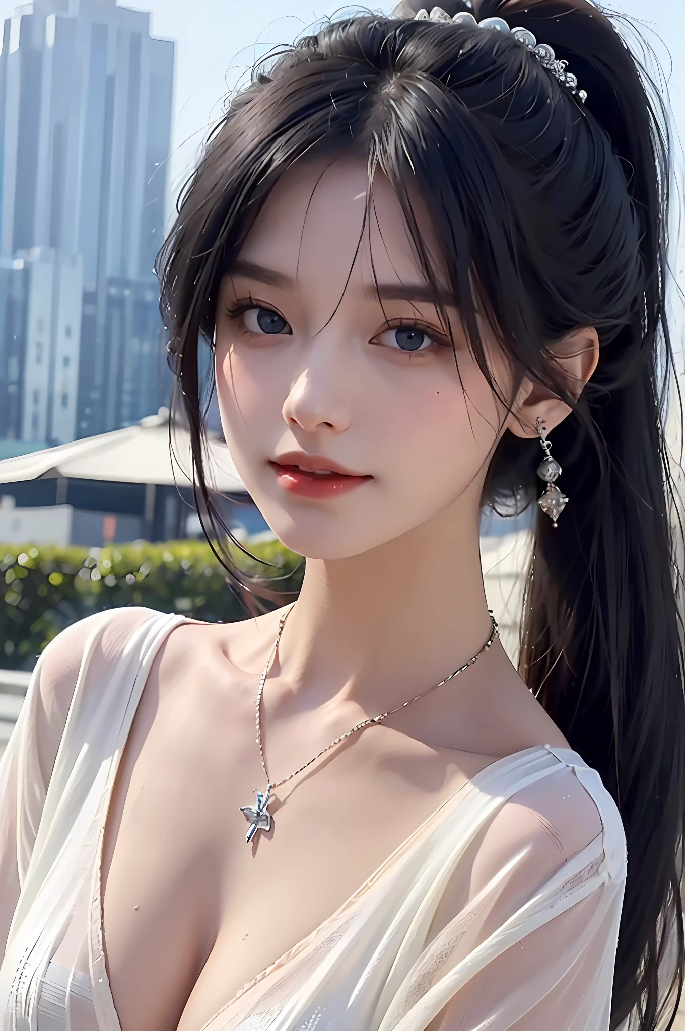 ((addielyn, wearing glass, black hair)), Random posture, (An extremely delicate and beautiful work), (masterpiece), 1girl, extremely detailed elegant wedding dress, tiara, highly detailed, ponytail contorted, charming expression, beautiful and clear eyes, green eye pupil, delicate necklace, delicate earrings, simple blurred background, extreme detail description, beautiful, charming, ultra-fine painting, delicate face, delicate figure, Fine collarbones, lovely lips, soft behind, mix4,(8k, RAW photo, best quality, masterpiece:1.2), (realistic, photo-realistic:1.37),1girl,cute,cityscape, night, rain, wet, professional lighting, photon mapping, radiosity, physically-based rendering, above waist,