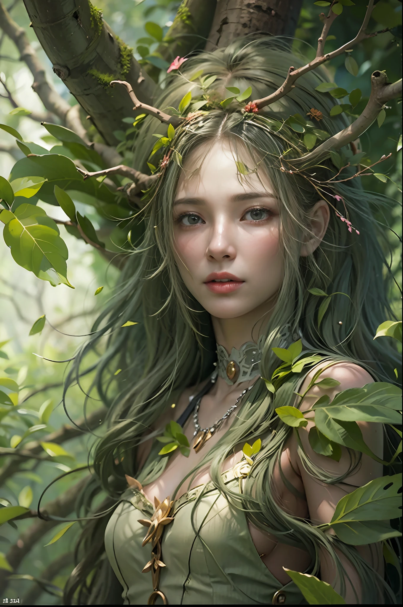 ​masterpiece, top-quality, 1 dryad、Slim body、small tits、exceptionally detailed anatomy, Leaf clothes、Leaves on the head,,,,,,、lovely, emotive, Charming, Bewitching、Giant trees、Branch corridor、World Tree、Fantastical、Slim body、small tits、(((detailed and beautiful faces)))、beautidful eyes、17 age、Tree Spirit、In the deep forest、Nymphs、myth 、PsyAI、Dynamic angles