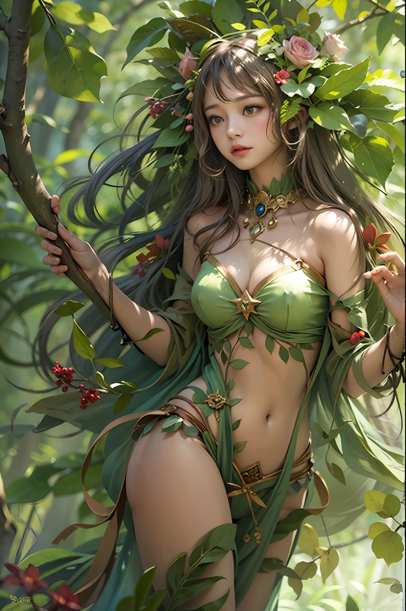 masterpiece, top-quality, 1 dryad、Slim body、small tits、exceptionally detailed anatomy, Leaf clothes、Leaves on the head,,,,,,、lovely, emotive, Charming, Bewitching、Giant trees、Branch corridor、World Tree、Fantastical、Slim body、small tits、(((detailed and beautiful faces)))、beautidful eyes、、Tree Spirit、In the deep forest、Nymphs、myth 、PsyAI、Dynamic angles
