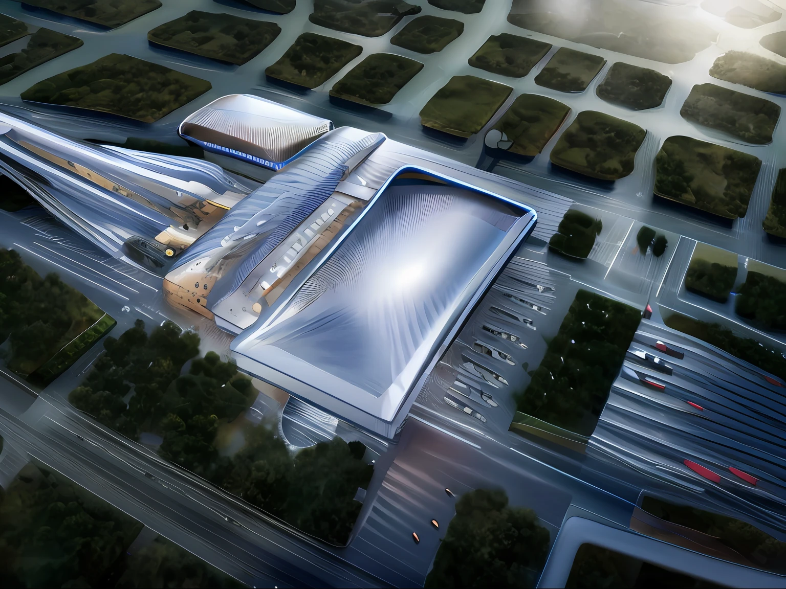 High-speed rail station architectural design，Zaha style，Parametric style，streamline，Hyper-realistic rendering
