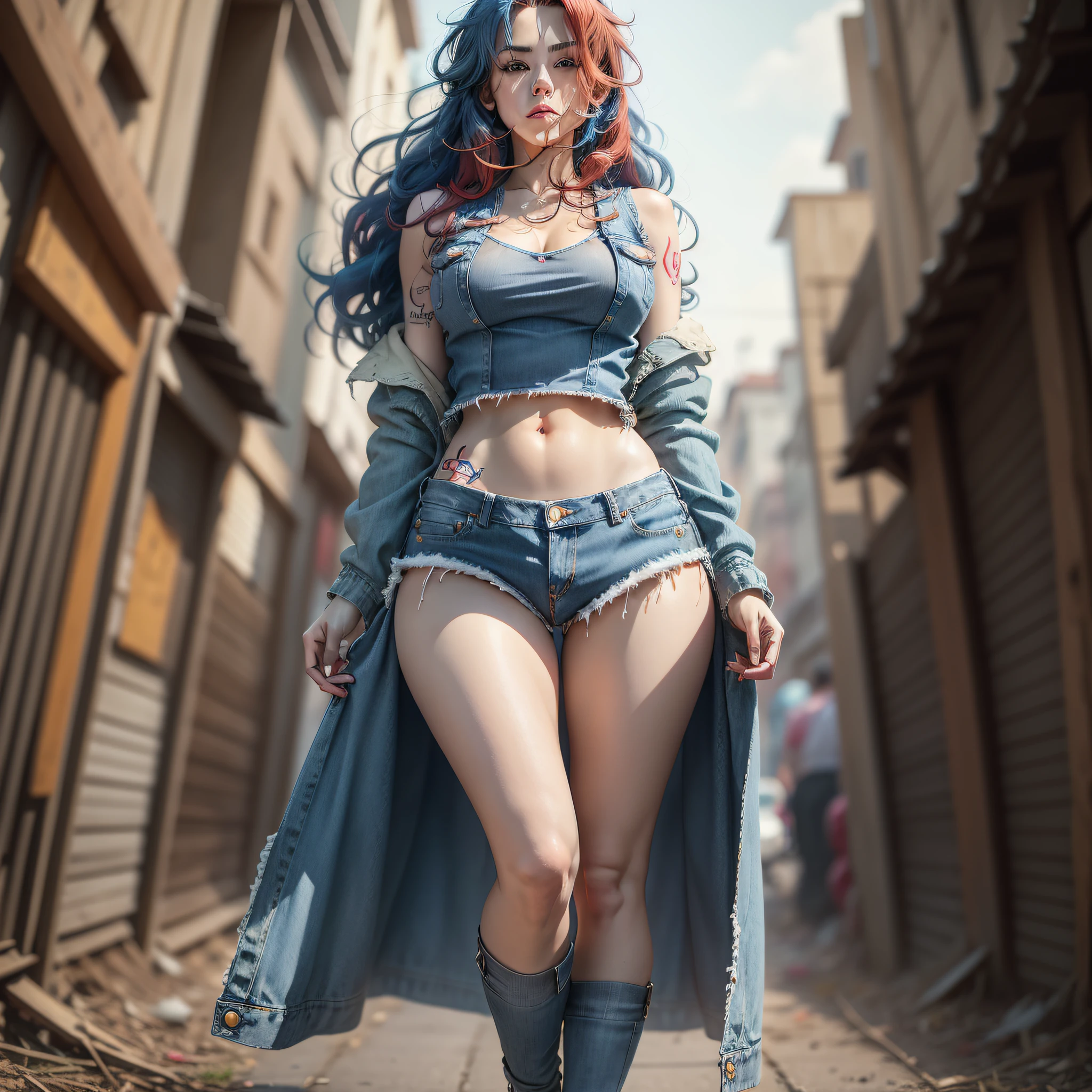masterpiece, realistic image, highes definition, extremely detailed, full body, 1 woman, extremely beautiful and sexy, very light and sparkling blue eyes, ((red and blue hair)) long silky hair blowing in the wind, wearing worn denim panties and open sleeveless denim jacket, colorful tattoo on arm
