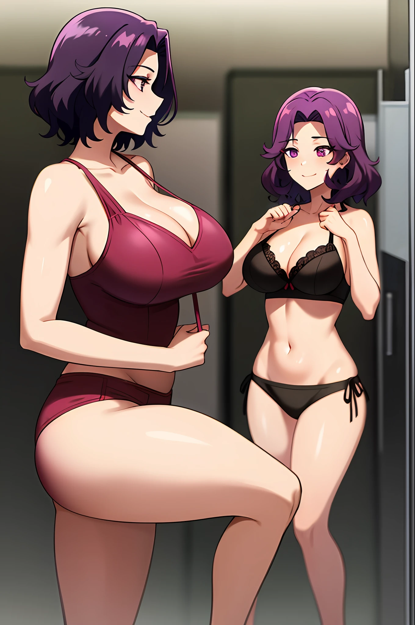 best qualityer，（tmasterpiece：1.2），highly  detailed，sitted，Mature woman，
1girll， 独奏， hamaoka azusa，
looking at viewert，ssmile，，
Purple eye，Purple colored hair，short detailed hair，green-shirt，Red bra strap，Full buttocks，plumw，big breasts body