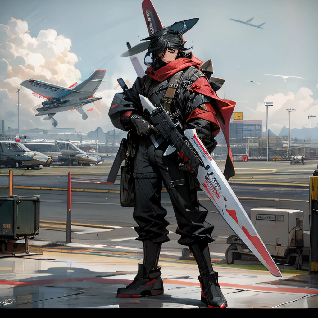 A vigilant soldier shouting, holding a heavy weapon, surrounded by closed airport gates, military aircraft parked on the airport, hundreds of aircraft flying in the sky, the entire airport is locked down, by Manhua --niji 5 --auto