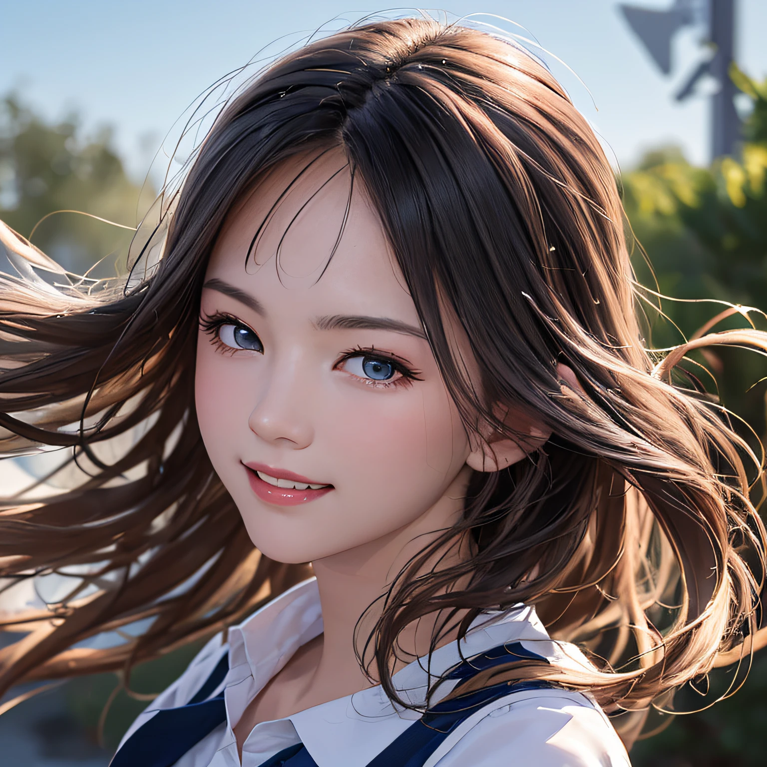 (8K, RAW Photos, of the highest quality, Masterpieces: 1.2), (Realistic, Photorealistic: 1.37), Highest Quality, Ultra High Resolution, light  leaks, Dynamic lighting, Slim and smooth skin, (Full body:1.3), (Soft Saturation: 1.6), (Fair skin: 1.2), (Glossy skin: 1.1), Oiled skin, 22 years old, Night, shiny white blonde, Well-formed, Hair fluttering in the wind, Close-up shot of face only, Physically Based Rendering, From multiple angles, A big smile, School uniform, Pleated skirt, Beige vest, thunderstorm, The Flash,