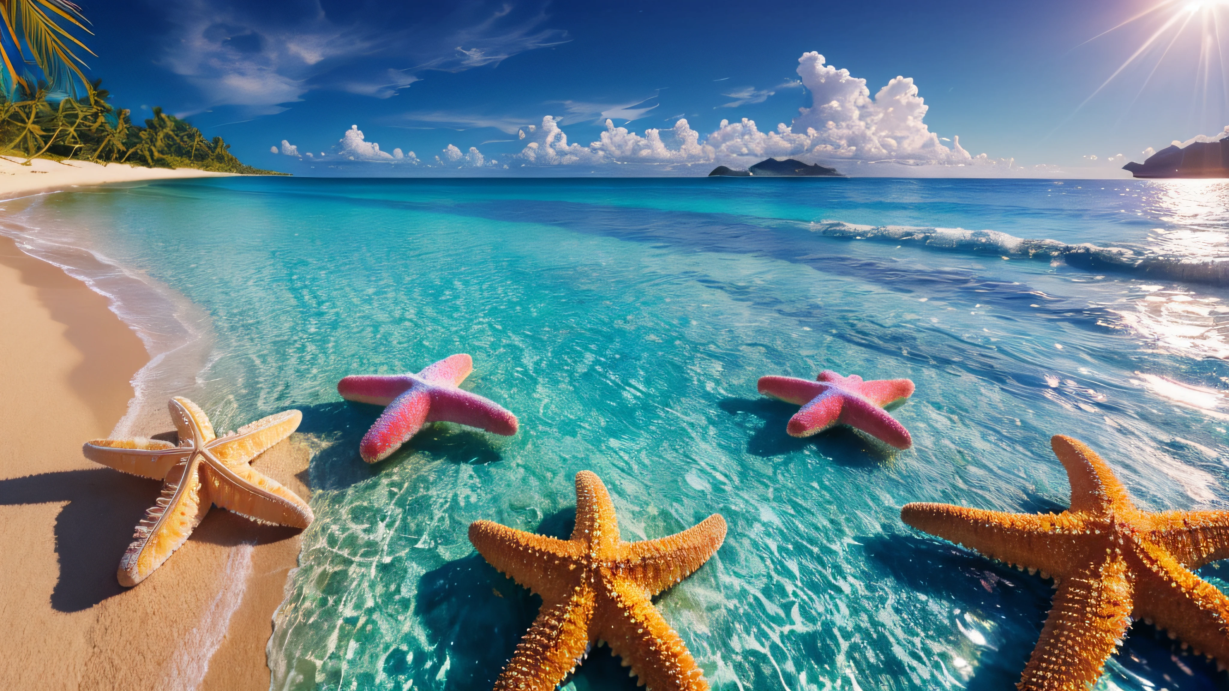 (extremely detailed CG unity 8k wallpaper, masterpiece, best quality, ultra-detailed), (best illumination, best shadow, an extremely delicate and beautiful), (realistic photo), (Colorful starfish on the beautiful tropical beach), (colorful), (dramatic lighting), (beautiful sunny day), (peaceful and relaxing atmosphere)