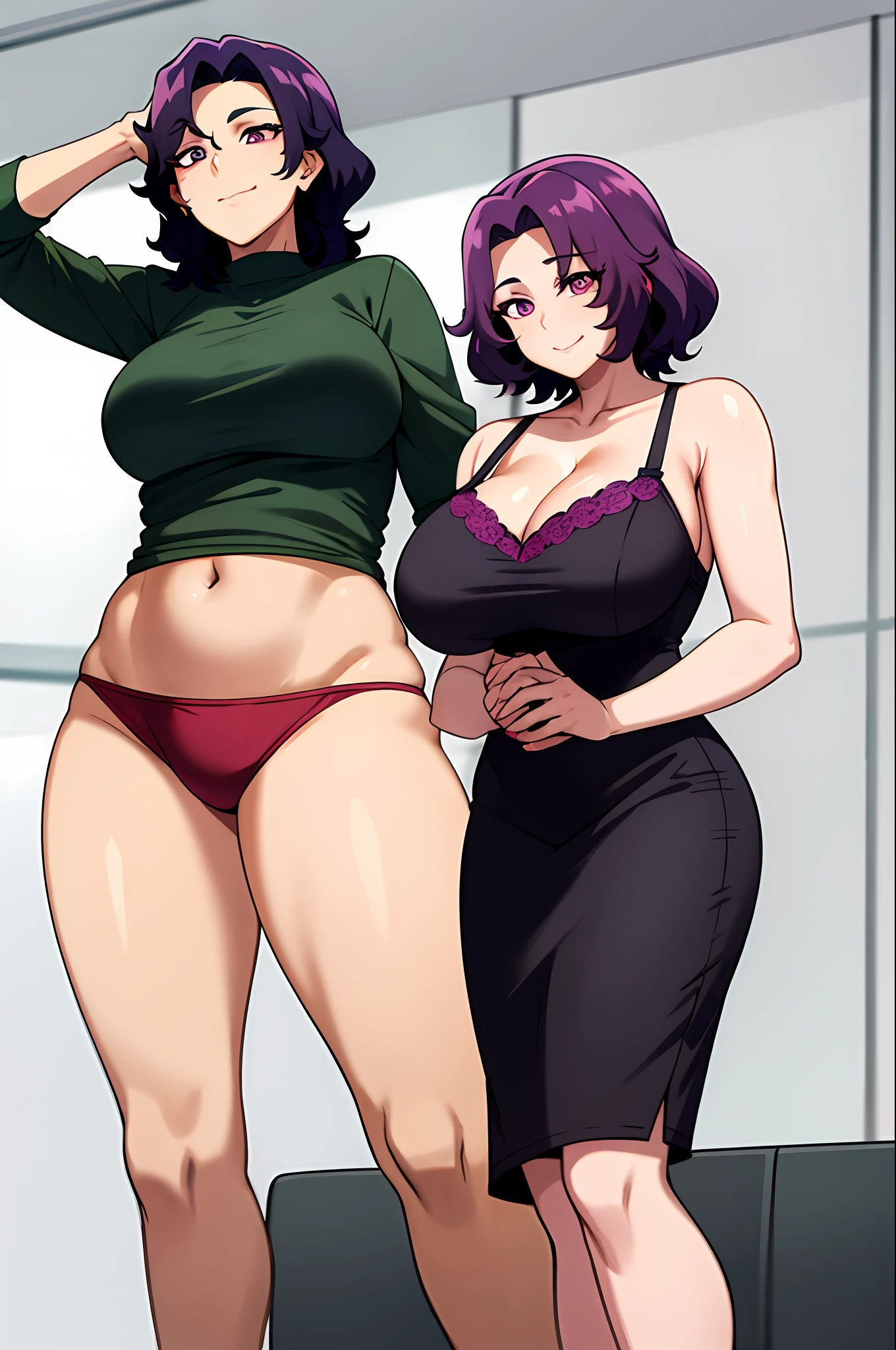 best qualityer,(tmasterpiece:1.2),highly detailed,sitted,Mature woman,
1girll, 独奏, hamaoka azusa,
looking at viewert,ssmile,,
Purple eye,Purple colored hair,short detailed hair,green-shirt,Red bra strap,Full buttocks,plumw,big breasts body