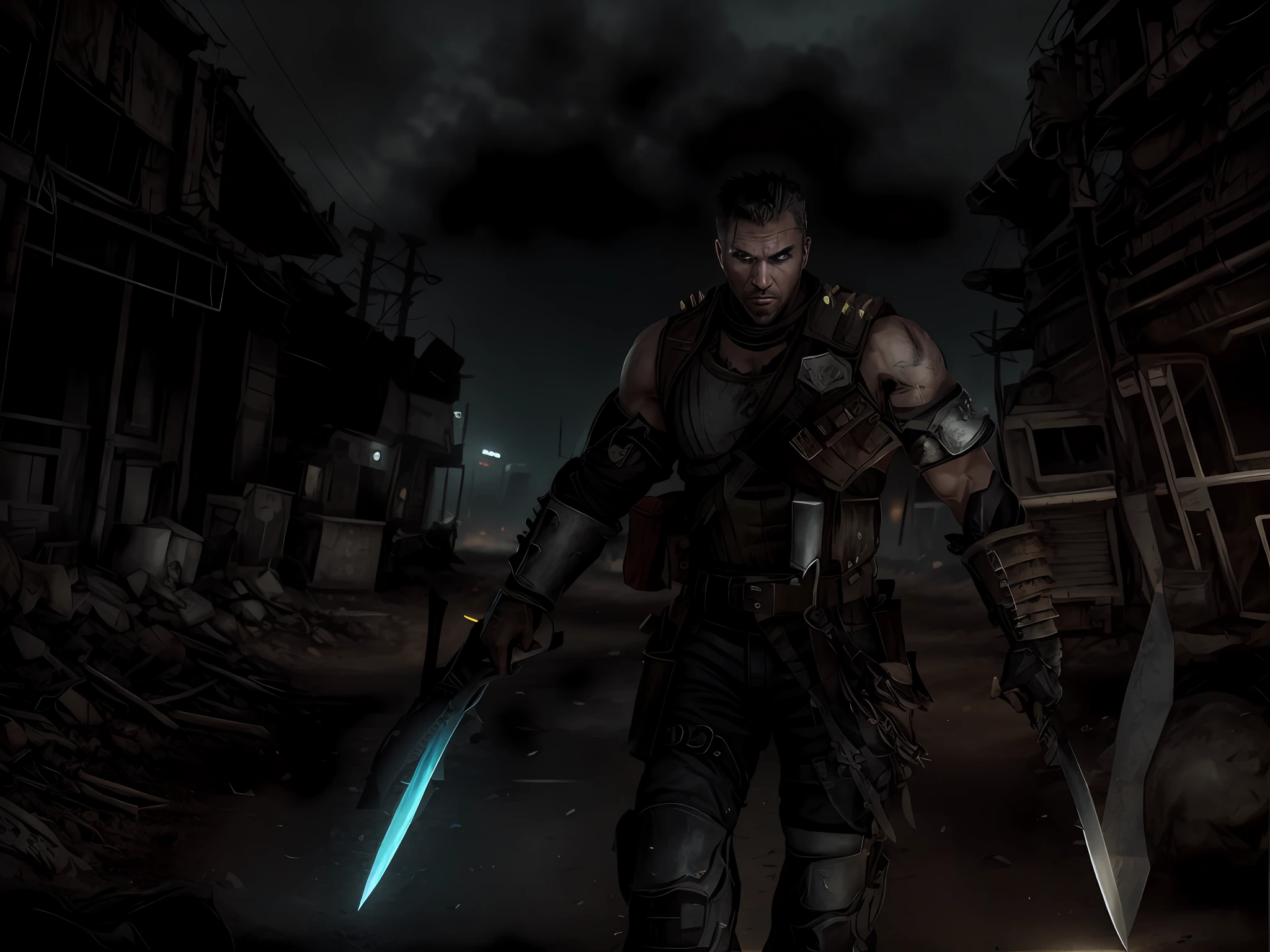 a man in armor standing in the dark with two swords, apocalyptic road warrior vibe, cyberpunk gladiator, road warrior, character art the contra, mystical post apocalyptic cyborg, video game screenshot, video game screenshot>, muscular male undead cyborg, menacing look, post - apocalyptic warriors, in mad max style, badass look, warrior fighting in a dark scene, game cg