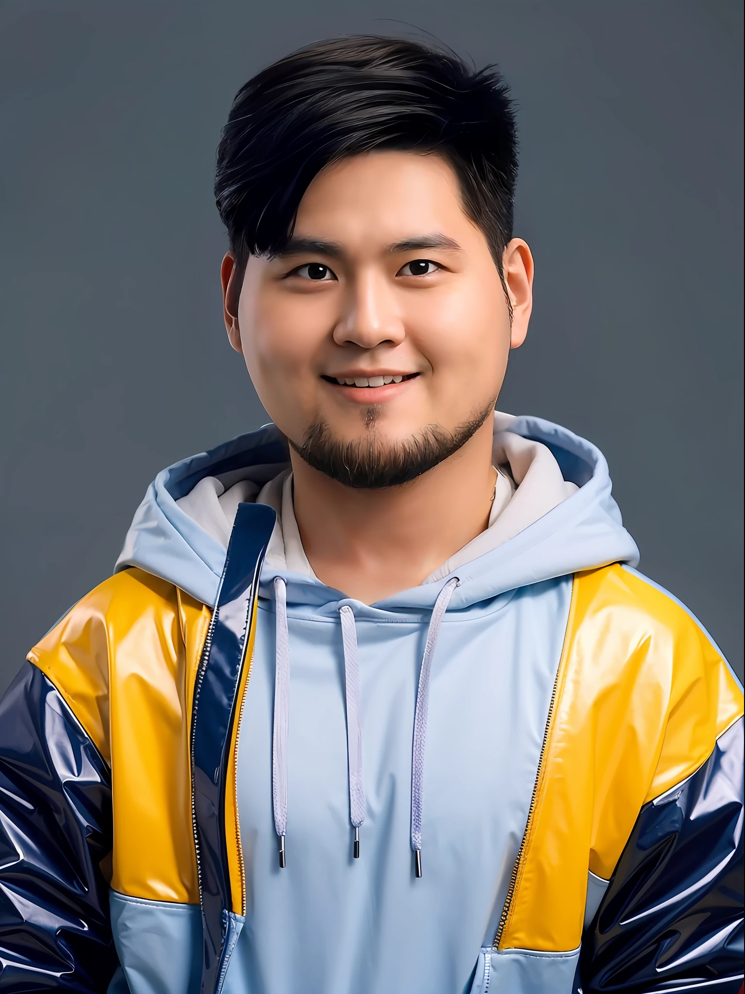 Chinese male student,Wearing a blue PVC sweatshirt