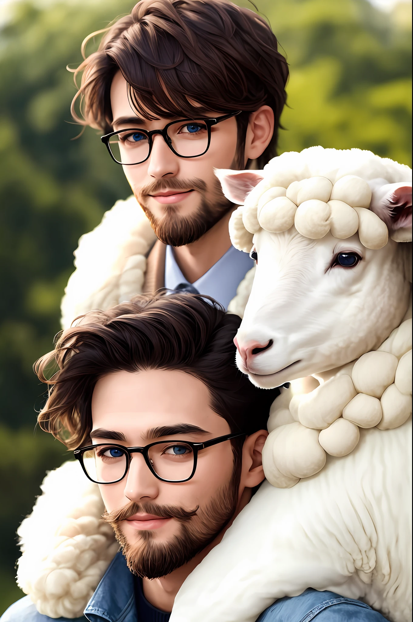 brown short beard、Beautiful blue eyes、The hairstyle is shaved、Kurobuchi glasses、the contours of the face are round、Gentle man smiles gently。In his arms is a cute sheep that is pure white and fluffy。