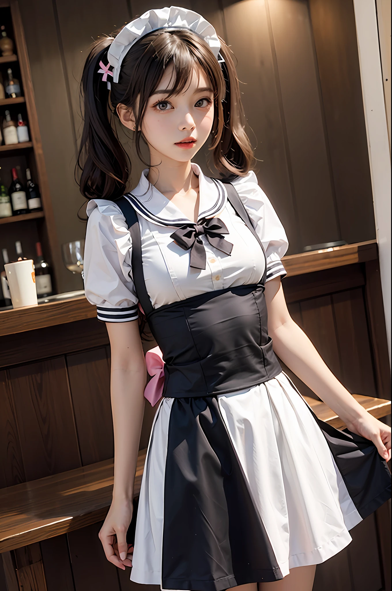 Bar,1girll,twintails,brown  hair，Qi bangs，curlies,maid,Flying,White sailor suit and short skirt,pink bows,16-year-old female model,Side,
