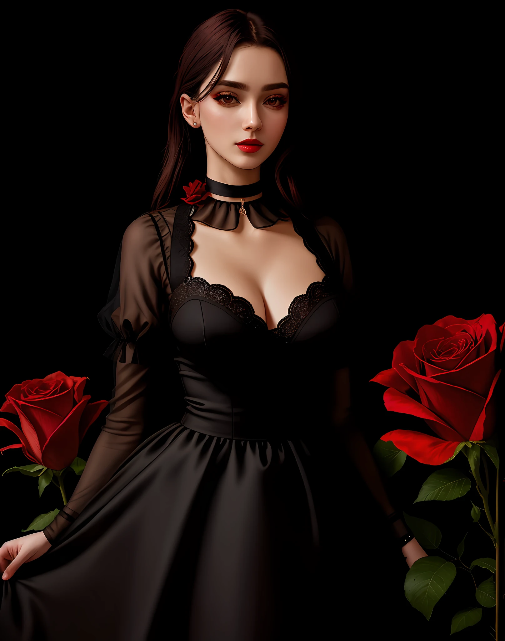 4K, obra-prima, highres, absurdres, fotorrealista, edg_choker red black, uma mulher usando um vestido florido vermelho e preto e uma edg_choker around the neck