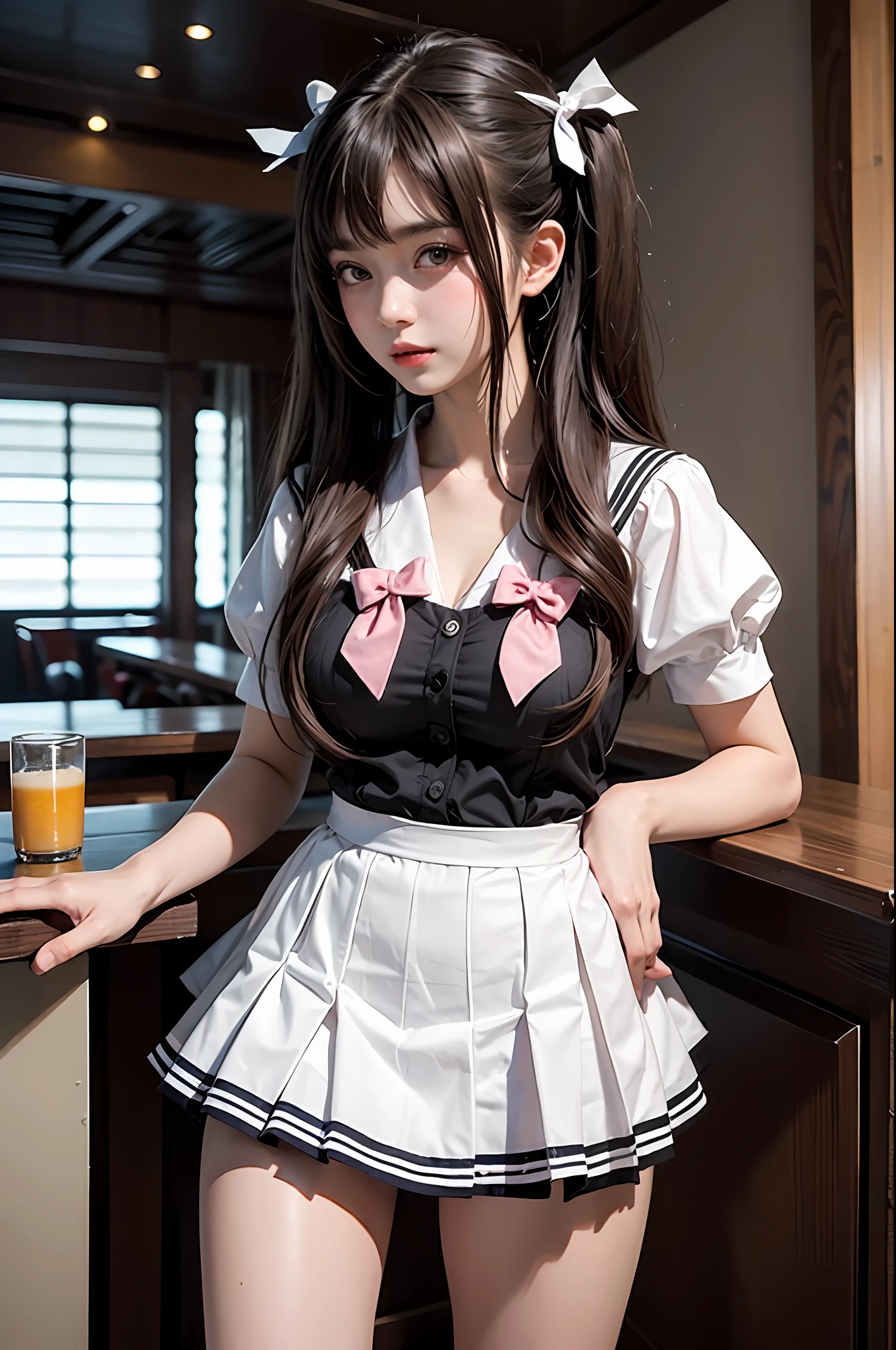 Bar,1girll,twintails,brown  hair，Qi bangs，curlies,maid,Flying,White sailor suit and short skirt,pink bows,16-year-old female model,Side,