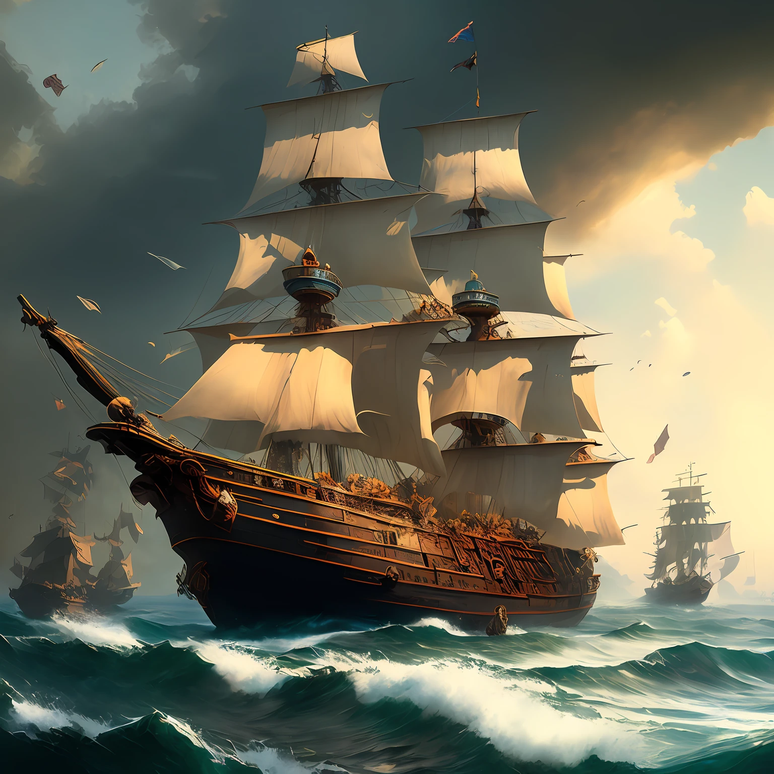 Pirate ship in the midst of bad weather, detailed oil painting, unreal 5 render, Rads, Sargent and Leyendecker, Savrasov, Levitan Polenov, Bruce Pennington, ghibli studio, Tim Hildebrandt, digital art, landscape painting, octane render, beautiful composition, popular on artstation, award-winning photography, masterpiece, sekart style (dreamlikart:1.2). mdjrny-v4 style