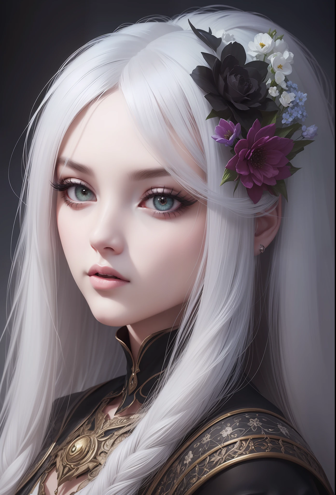 a woman with long white hair and a black dress with flowers in her hair, detailed matte fantasy portrait, fantasy art portrait, digital fantasy portrait, stunning digital illustration, beautiful fantasy art portrait, digital fantasy art ), dark fantasy style art, fantasy art style, beautiful fantasy portrait, fantasy portrait, fantasy concept art portrait, fantasy portrait art, dark fantasy portrait