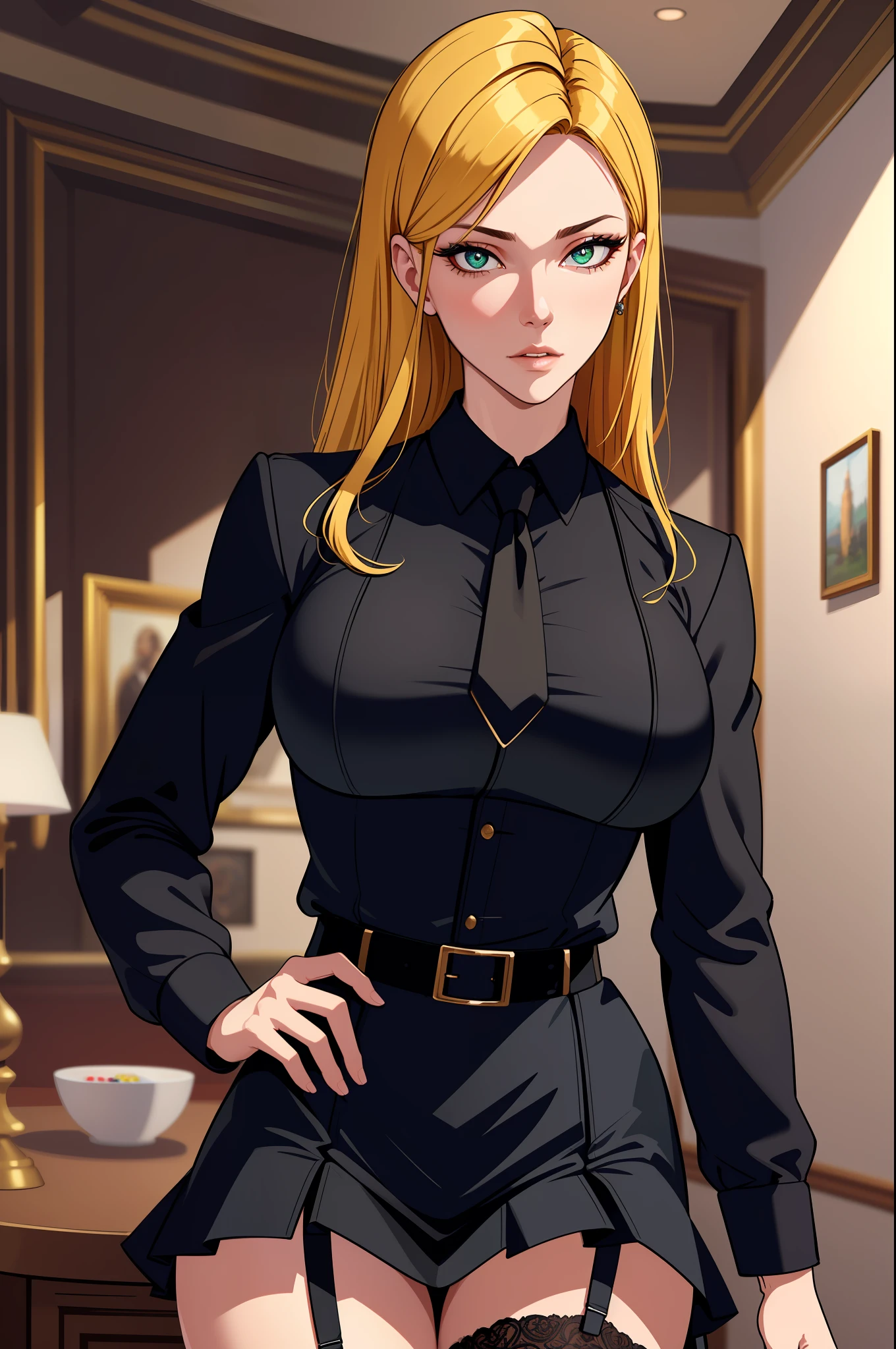 (masterpiece, highres, best quality:1.2), 8K, highly detailed, intricate, colorful, vibrant image, sharp focus, cinematic) blonde hair, long hair, green eyes, body builder (Wearing black business outfit, black_collared shirt cropped jacket ,tie,necktie,black frilled skirt, garter straps, leather waist belt) (big perfect round breasts,hourglass body, thin waist,very thin waist, Photo realistic,(hyperrealistic:1)beautiful, masterpiece, best quality, extremely detailed face,perfect face,beautiful face, perfect lighting,detailed eye makeup, detail face, nice detailed eyes,nice hands, perfect hands,glowing eyes (realistic pupils,realistic iris:1) heavy eye makeup,(empty Casino)(Posing dynamically)