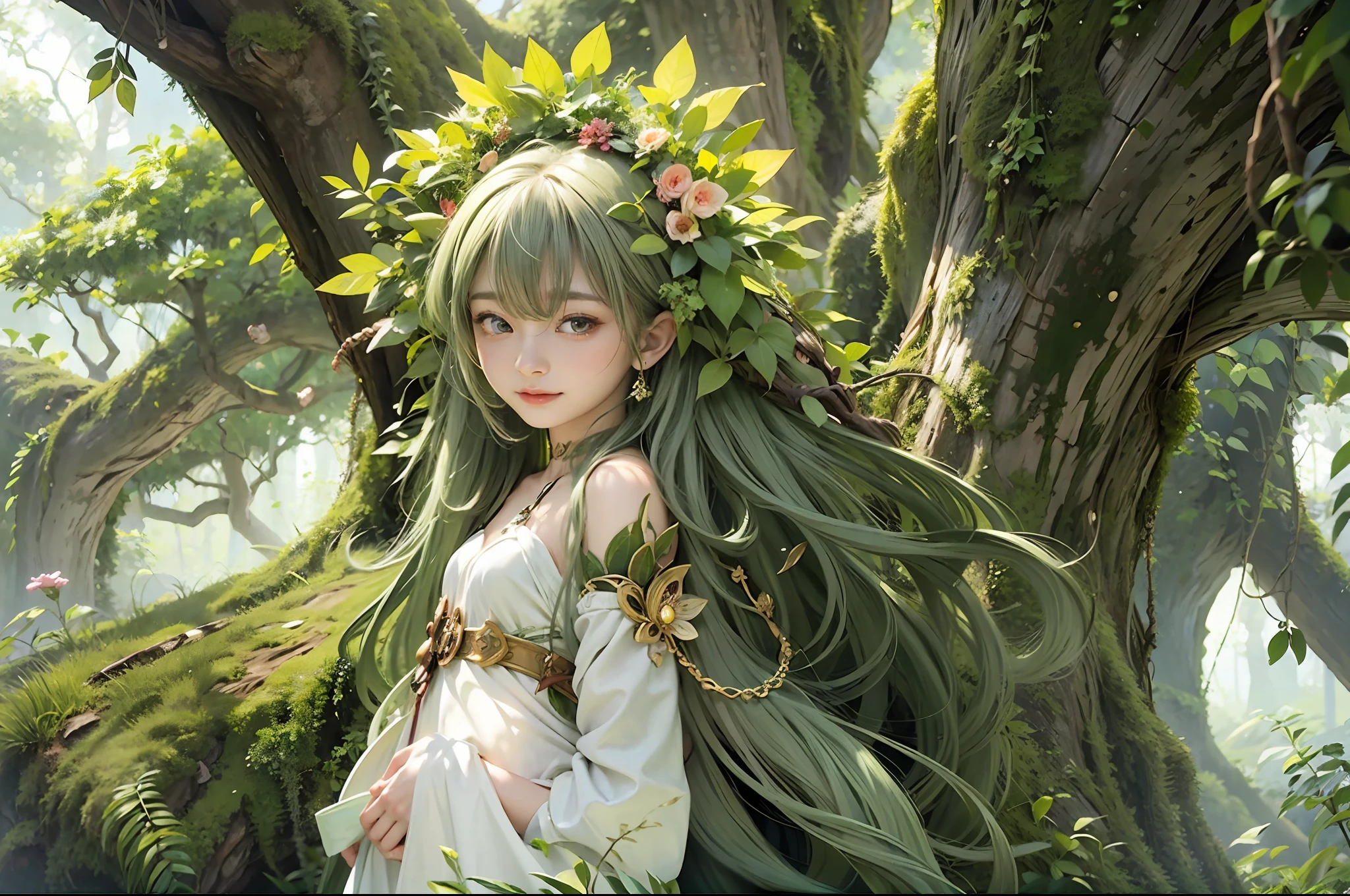 ​masterpiece, top-quality, 1 dryad、Slim body、small tits、exceptionally detailed anatomy, Leaf clothes、Leaves of the head,,,,,,、ssmile、lovely, emotive, Charming, Bewitching、Giant trees、Branch corridor、World Tree、Fantastical、Slim body、small tits、(((detailed and beautiful faces)))、beautidful eyes、17 age、Tree Spirit、In the deep forest、Nymphs、myth 、PsyAI、Dynamic angles