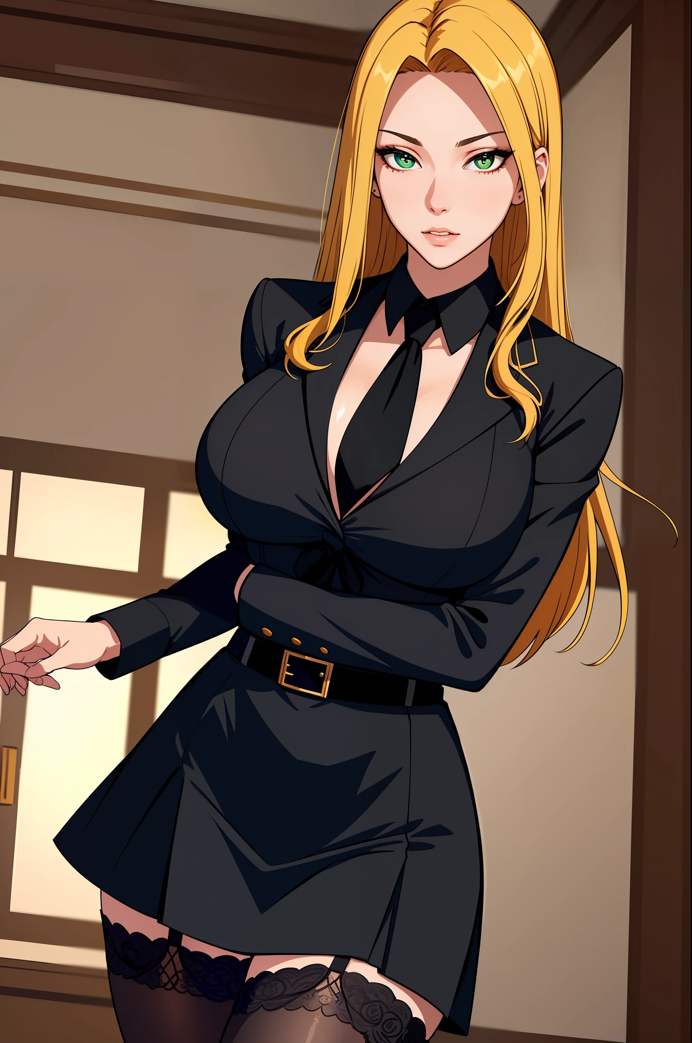 (masterpiece, highres, best quality:1.2), 8K, highly detailed, intricate, colorful, vibrant image, sharp focus, cinematic)  blonde hair, long hair, green eyes, body builder (Wearing black business outfit, black_collared shirt cropped jacket ,tie,necktie,black frilled skirt, garter straps, leather waist belt) (big perfect round breasts,hourglass body, thin waist,very thin waist, Photo realistic,(hyperrealistic:1)beautiful, masterpiece, best quality, extremely detailed face,perfect face,beautiful face, perfect lighting,detailed eye makeup, detail face, nice detailed eyes,nice hands, perfect hands,glowing eyes (realistic pupils,realistic iris:1) heavy eye makeup,(empty Casino)(Posing dynamically)