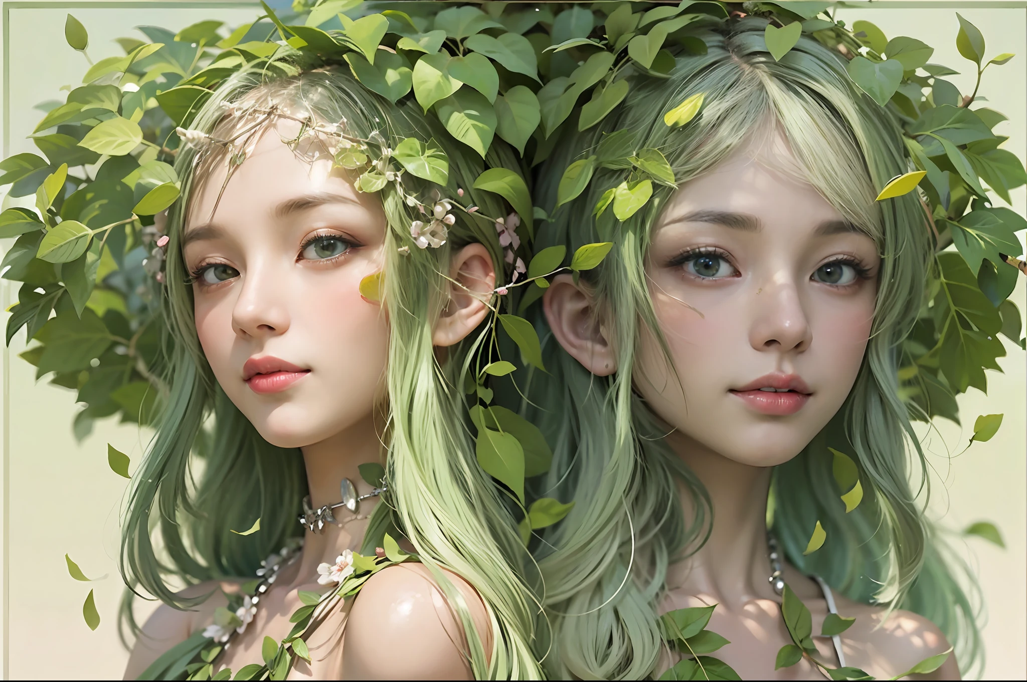 masterpiece, top-quality, 1 dryad、Slim body、small tits、exceptionally detailed anatomy, Leaf clothes、Leaves of the head,,,,,,、ssmile、lovely, emotive, Charming, Bewitching、Giant trees、Branch corridor、World Tree、Fantastical、Slim body、small tits、(((detailed and beautiful faces)))、beautidful eyes、17 age、Tree Spirit、In the deep forest、Nymphs、myth 、PsyAI、Dynamic angles