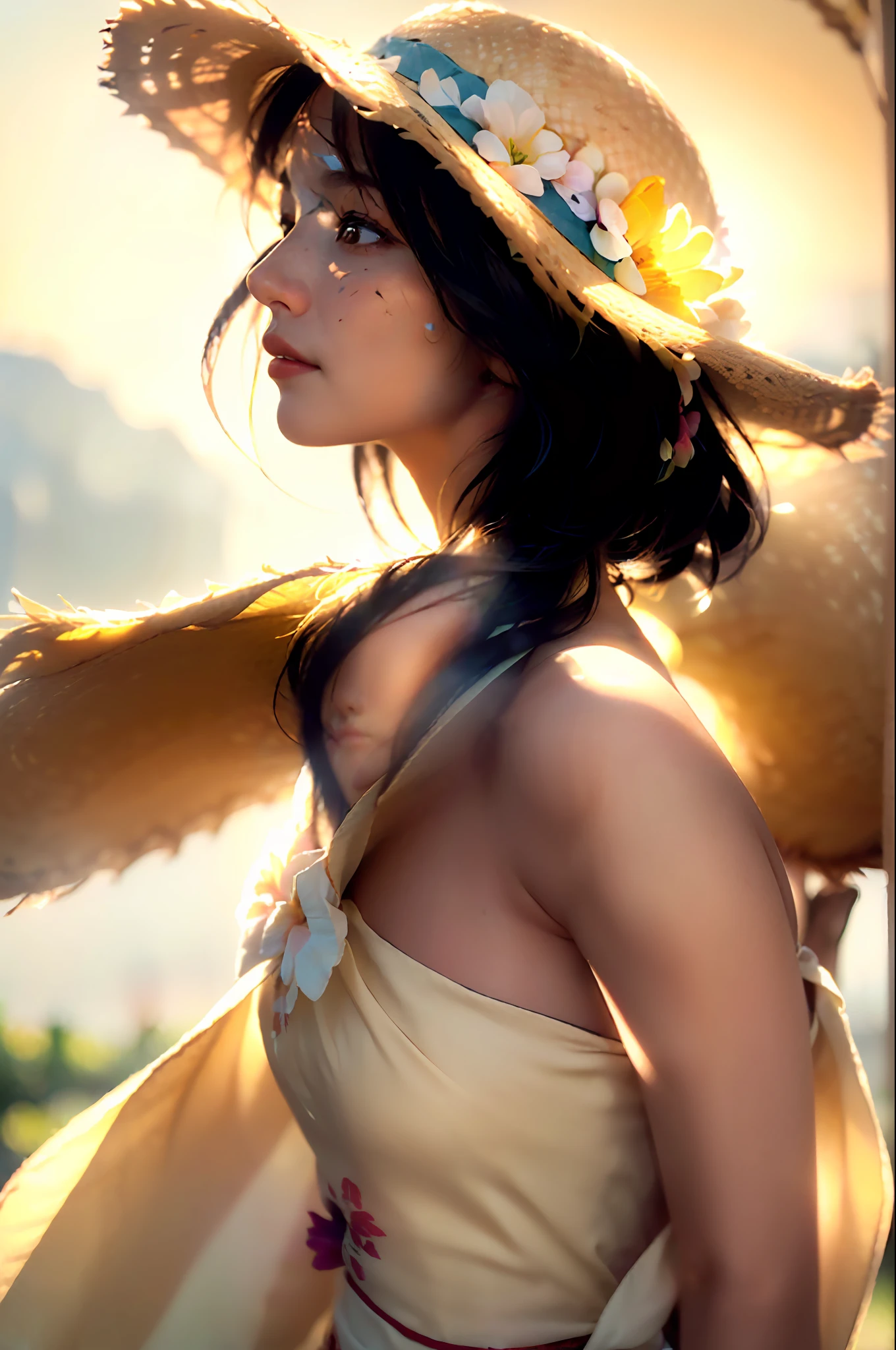 (extreme close up:1.5), (face focus:2),(Style of ???? ???:1.5),
((side face:2)),(1girl surrounded by soft_light:1.5), (backlighting:1.8), (lighting),(flowing fabric:1.3), ((Floral_summer_dress:1.5),(Straw_hat:1.3)),
(masterpiece), realistic, HDR, highly detailed, 8k, raw photo,
ambient occlusion, natural, harmonious composition, warm tones, fine art photography,
