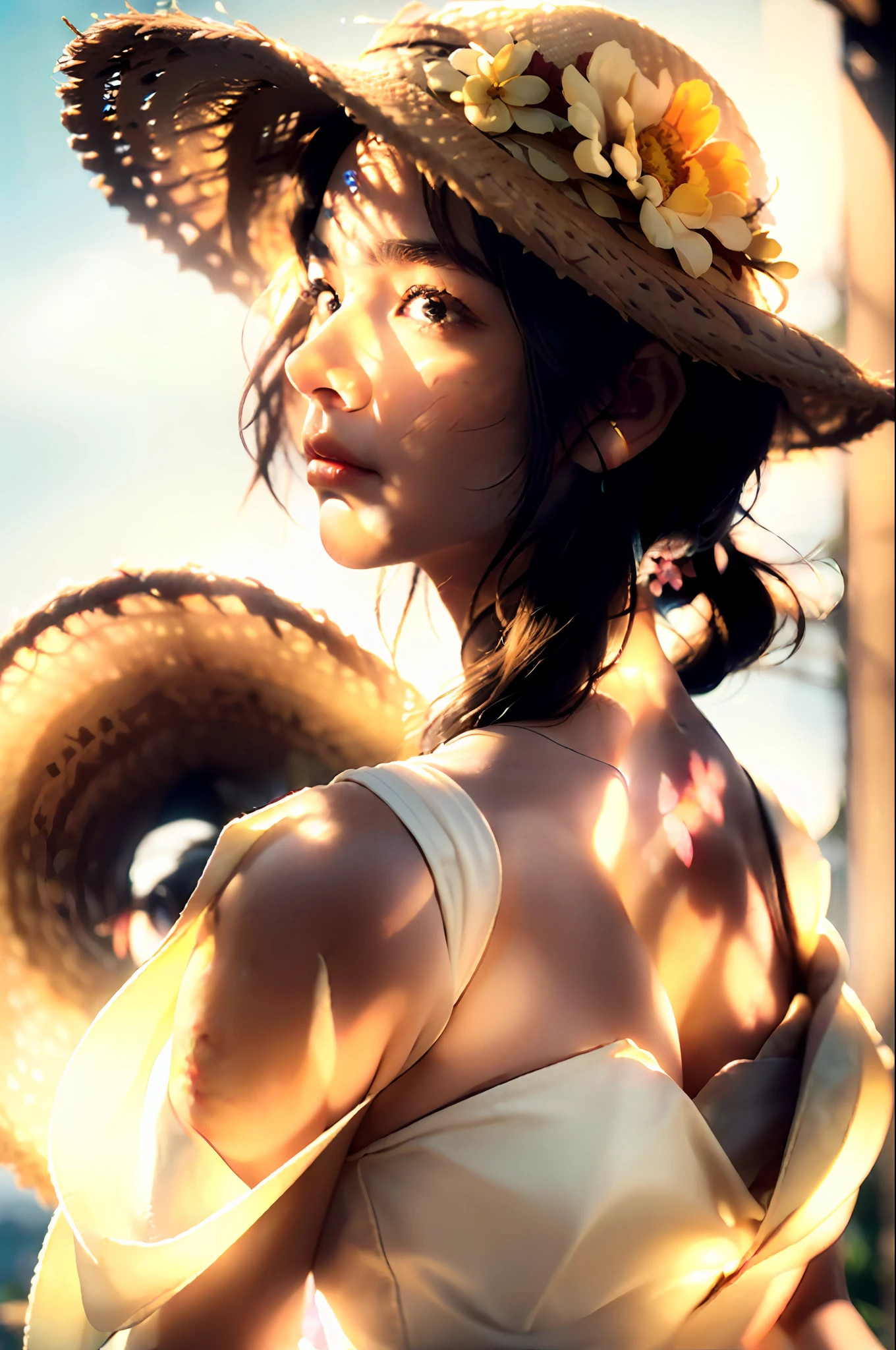 (extreme close up:1.5), (face focus:2),(Style of ???? ???:1.5),
((side face:2)),(1girl surrounded by soft_light:1.5), (backlighting:1.8), (lighting),(flowing fabric:1.3), ((Floral_summer_dress:1.5),(Straw_hat:1.3)),
(masterpiece), realistic, HDR, highly detailed, 8k, raw photo,
ambient occlusion, natural, harmonious composition, warm tones, fine art photography,