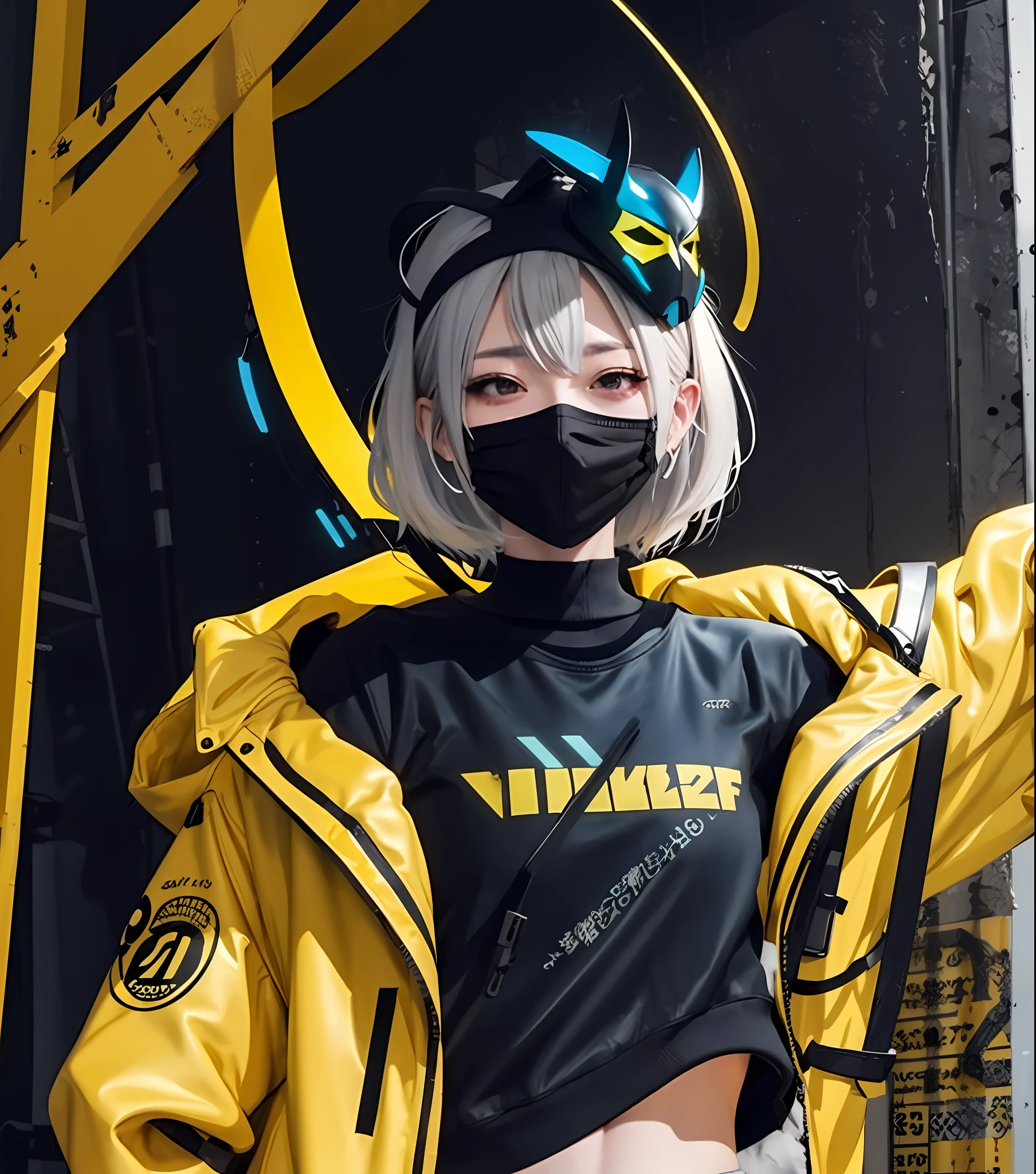 anime girl in yellow raincoat and black mask standing in front of a building, anime style 4 k, anime style. 8k, cyberpunk anime girl in hoodie, style anime, high quality anime artstyle, anime styled digital art, best anime 4k konachan wallpaper, digital cyberpunk anime art, anime style illustration, anime style artwork, anime cyberpunk art, cyberpunk streetwear