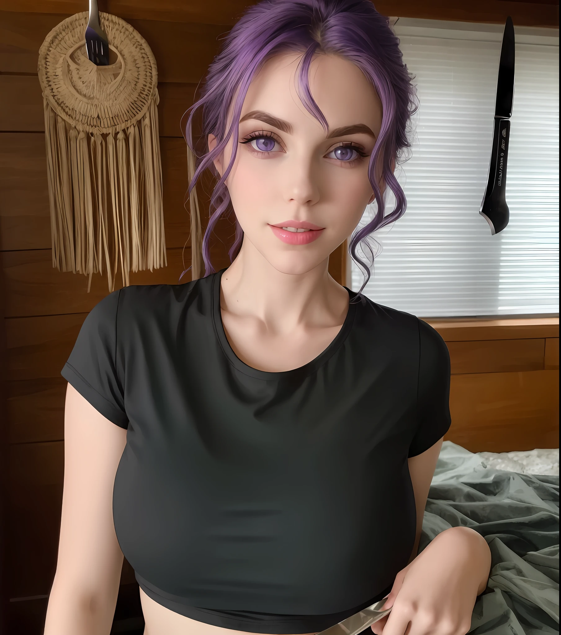 arafed woman with purple hair holding a knife and fork, she has purple hair, pale skin and purple eyes, wearing purple undershirt, full pov, purple top, amouranth, with pale skin, better known as amouranth, 2 4 year old female model, 3/4 bust, sexy look at the camera, young beautiful amouranth