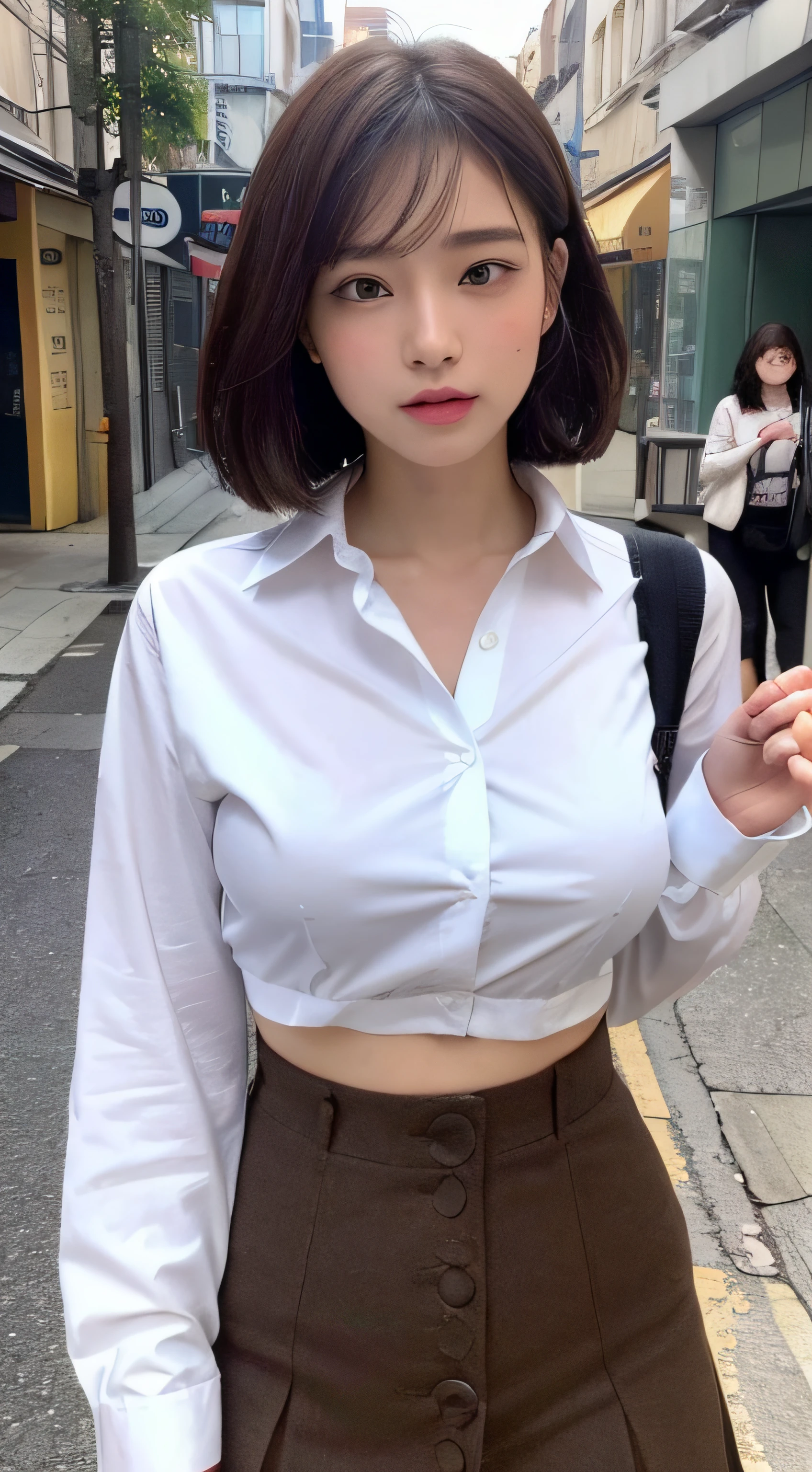 ((top-quality、8K、masterpiece:1.3))、sixteen years old、student clothes、校服、Ultra mini skirt、short-hair、Crisp focus:1.2、Beautiful Women in Perfect Style:1.4、Slender Abs:1.2、((dark brown hair、Colossal tits:1.2))、(White button-up long shirt:1.1)、Street:1.2、Highly detailed facial and skin texture、A detailed eye、二重まぶた