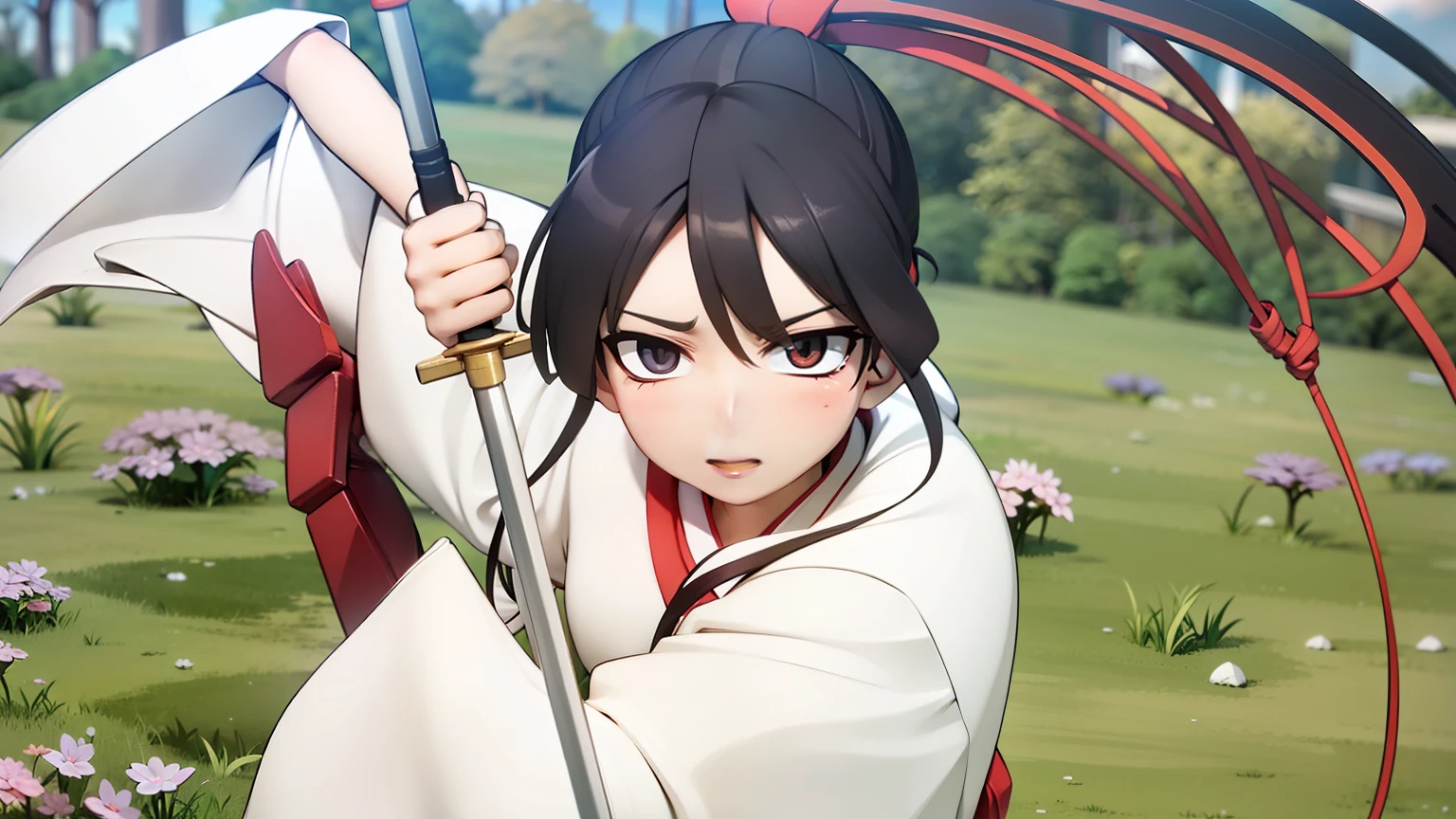 Sagiri is a young woman with long brown hair、I use a very long ribbon to make it a ponytail.. Her bangs fell across her face as bangs、Has two very long fronts that fall into her robe. She is quite tall, Because her height is 172 cm. (5 feet 8 inches), Making her one of the tallest female characters in the series. Asaemon、She wears standard clothes, This is、It is a white robe with a red lining on the collar., There is one red band on the left gusset..、Hakama fastened with a red corset (Instead of a red waistcord), Hold the sword over your left hip, Funeral bell tied to a red cloth in the center of her collar, Gauntlet on her left arm, and sandals. When you're ready to achieve your intended goals, Or get into battle, Sagiri took the time to hold down his sleeve with a plow.、Get out of the way.
After taking on the task of destroying one of the tandens in Banco, Sagiri procured shinobi equipment from the Iwagakure shinobi who fell on Jikka、Started wearing headbands, Along with adding another gauntlet and a second sword. She also、Switch to wearing shinobi shoes、Hakama is tucked into the gaiter around the lower leg.
A year later, Sagiri wears a striped robe, Hugging with a dark band, haori, and sandals. She also、There is a casa and a cane.
