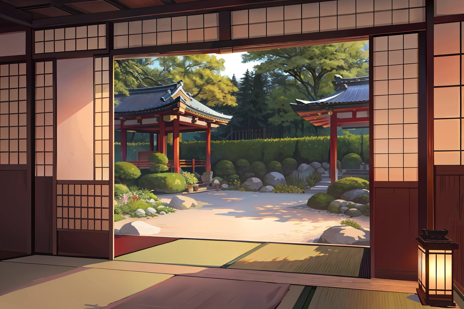 Japanese-style room with tatami mats　Background only　Outside gravel in the summer garden