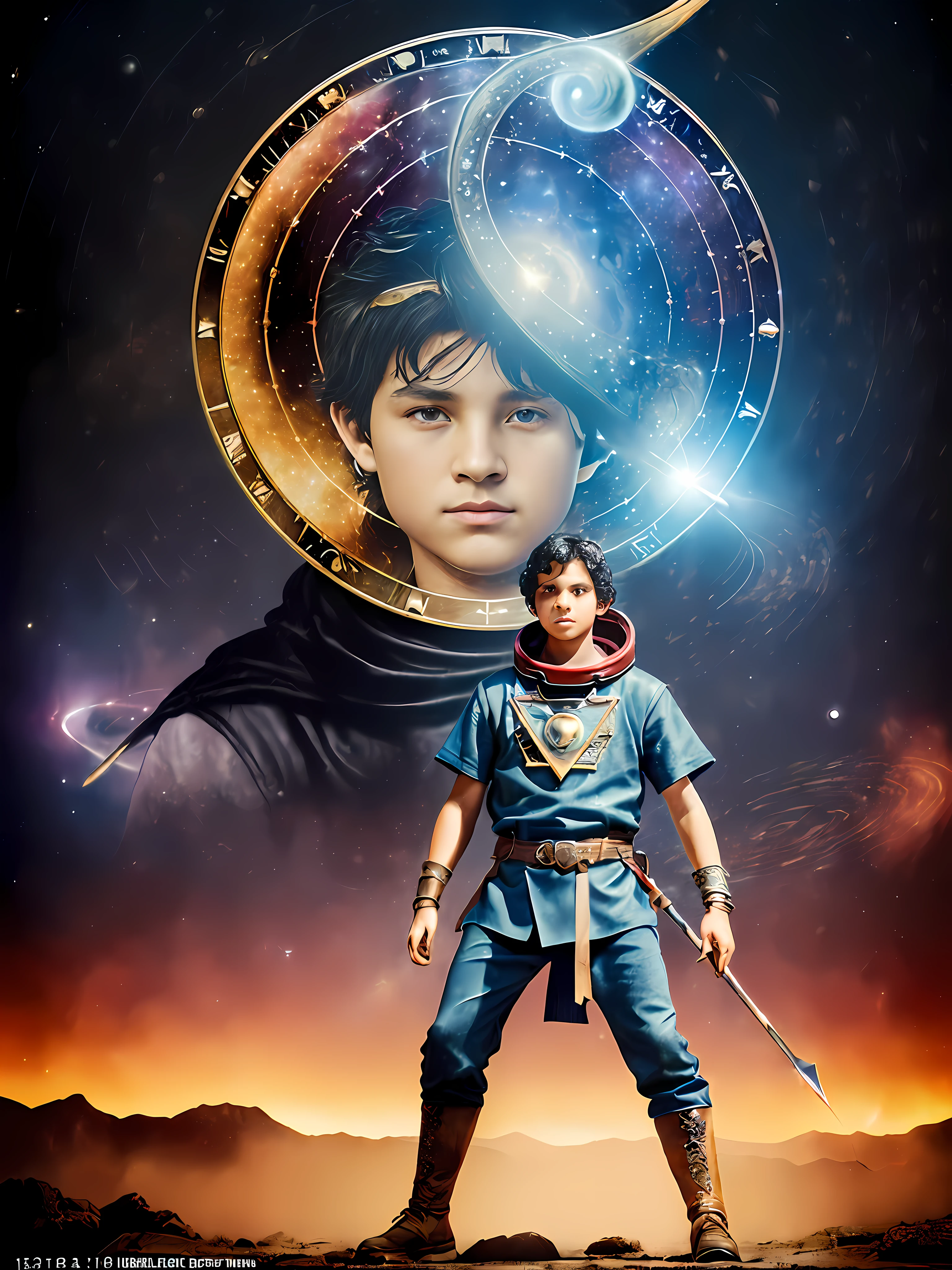 , (((perfect realistic drawn for magic and adventure movie poster))), by young-slightly-black-Brazilian-warrior:1.3 (((he is 13-years-age:1.5 ))), with warrior costume for adventure book cover (((dungeons & dragons style drawing)))), Photo Modesty, reputable cartoon animation , boy in viking-warrior-shirt:1.4 with high details:1.4 by warrior:1.4, pants-with-details-pockets:1.3 Leather, He's standing and walking, towards an artifact shaped like a golden metal box:1.5 that emits:14 concentrated-ray-lights:1.4 coming out of the very-detailed-artifact:1.4 some laser beams:1.5 coming out of the side of the square-Artifact:1.4 , (((beautiful-determined-face:1.4 of Leader:1.4 )), ((Messy black hair:1.5 medium size, messy hair)) , ((( boy is 15-years-age:1.8 )) ,(( depth-field:1.5)) - ((triple-Astronomical-giant-watch:1.4)) , short-height:1.6, (perfect face) , intricate, features-facial-well detailed, high-detail, perfect-face:1.4, He's wearing full clothes:1.4 ,((a-background-has-a-perfect-dragon-realist:1.3 large shaded friendly background in mists:1.5 ))) , // ( ( bracelet:1.4-on-the-forearm-details-written-with-symbols-on-the-bracelet-on-the-right forearm:1.5, Octane-rendered, ((ultra\), perfect drawing , realistic, Post-processing, ((Maximum detail)), Fantasy life, rendered, near-a-photograph, UHD 32k,, golden outline light:1.4, perfect face:1.6, ((( The cube’s lights on the floor to the top in emits a concentrated direct light:1.4 in beam:1.4in a triangular shape from the center of the cube to the boy’s face:1.4 hands already in time give heart:1.3 forward and try to cover:1.6 The eye with raised hands:1.4 in height and the front of the face ,best digital art, Directed by: Alphonse Mucha (masterpiece, best quality, high res: 1.4), detailed, intricate details, 4k, line, ((Fibonacci))