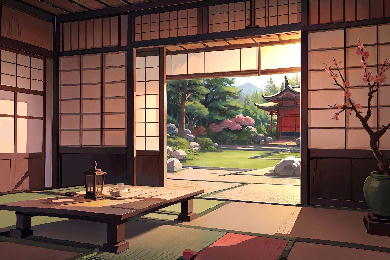 Japanese-style room with tatami mats　Background only　Outside gravel in the summer garden