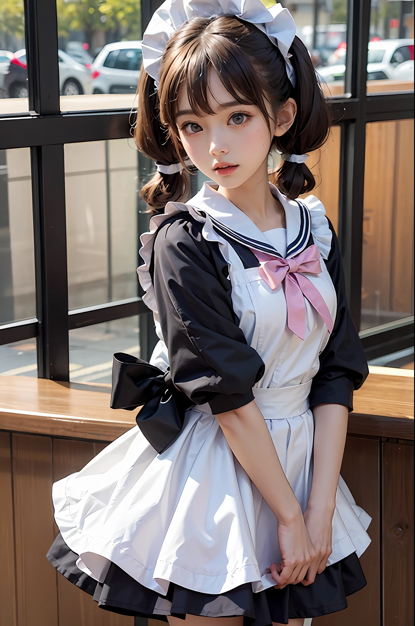 Bar,1girll,twintails,brown  hair，Qi bangs，curlies,maid,Flying,White sailor suit and short skirt,pink bows,16-year-old female model,Side,