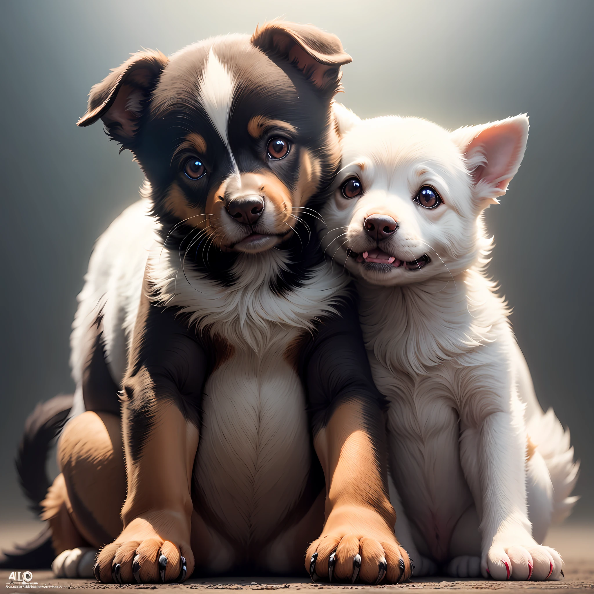 Cachorrinho, peludo,fofinho,pequeno,erelhas levantadas, cor preto e branco com fundo desfocado, olhor castanho forte, 4k realista. --auto