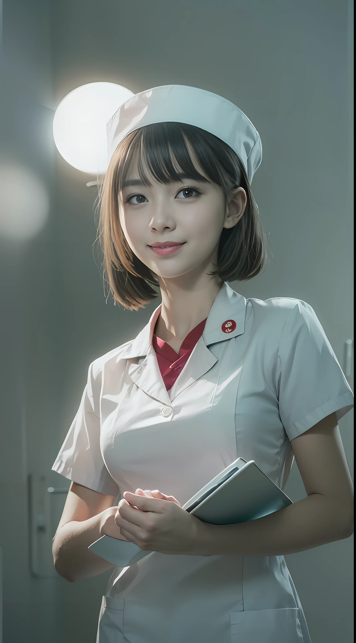 1 slender girl, flat chest, white nurse uniforms, nurse cap, bangs, with clipboard, smiling, with staffs, cinematic lighting, (8k, masterpiece, best quality, raw photo), action