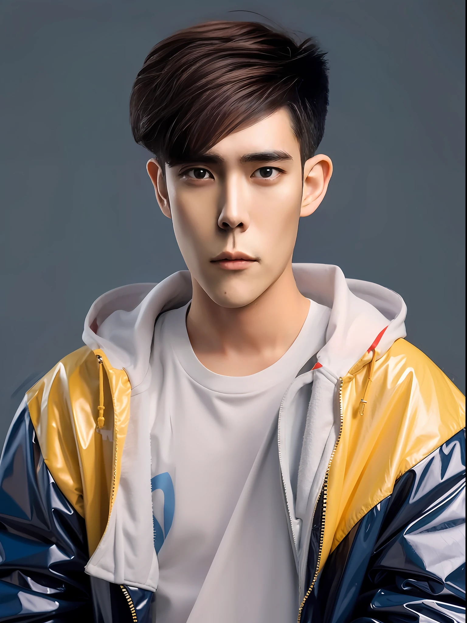 Chinese male high school student,Wearing a blue PVC sweatshirt