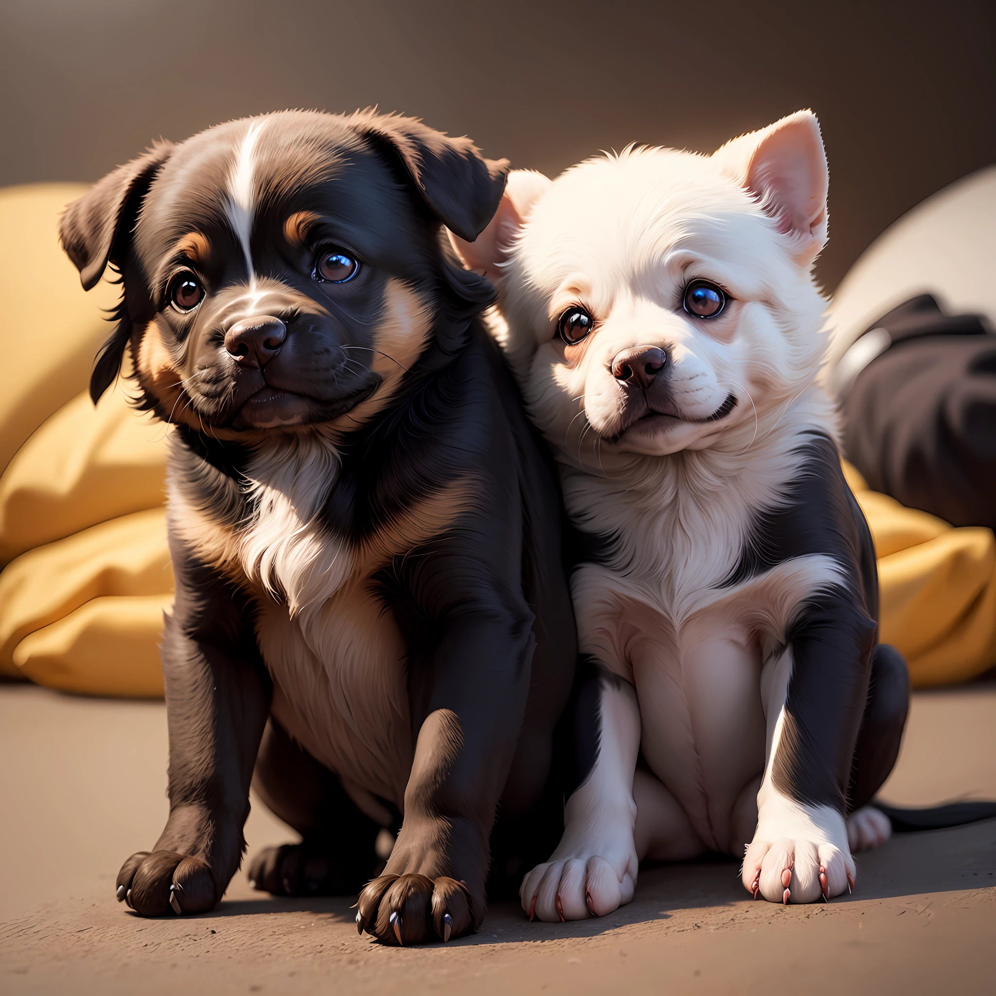 Cachorrinho, peludo,fofinho,pequeno,erelhas levantadas, cor preto e branco com fundo desfocado, olhor castanho forte, 4k realista. --auto