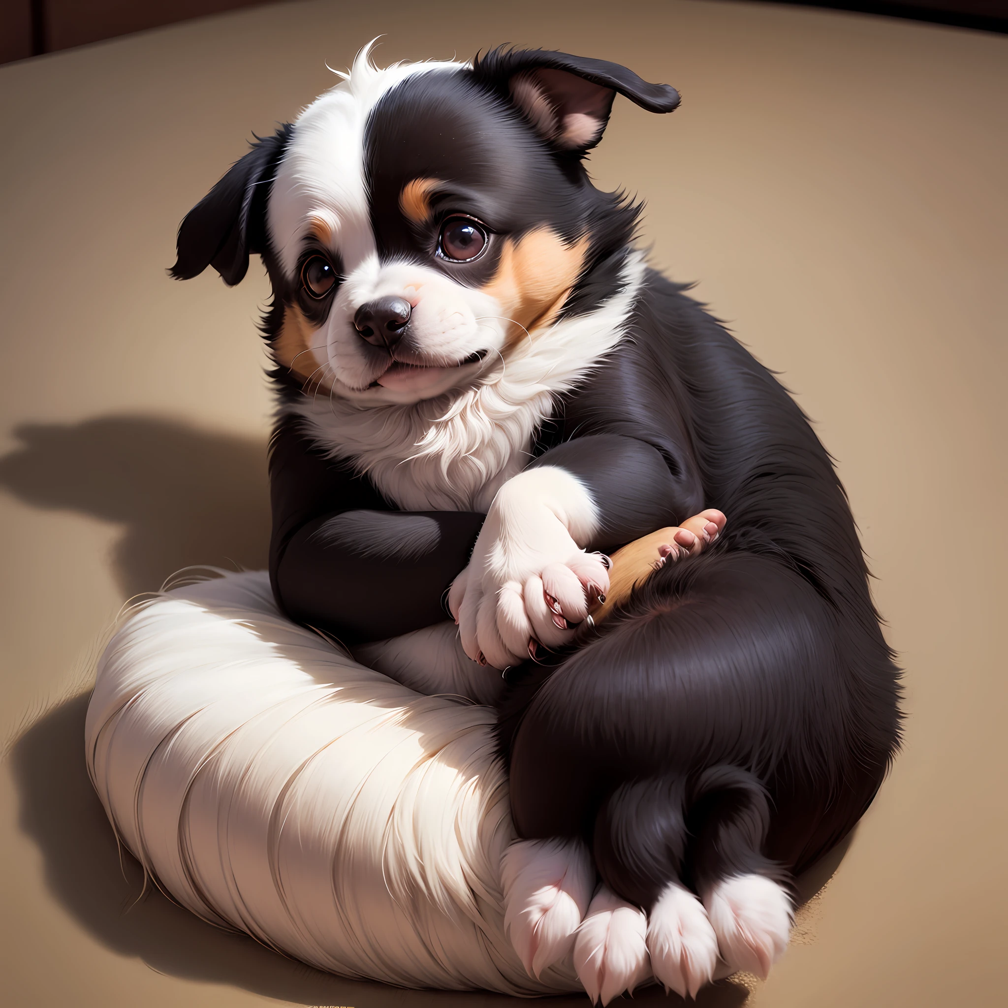 Cachorrinho, peludo,fofinho,pequeno,erelhas levantadas, cor preto e branco com fundo desfocado, olhor castanho forte, 4k realista. --auto