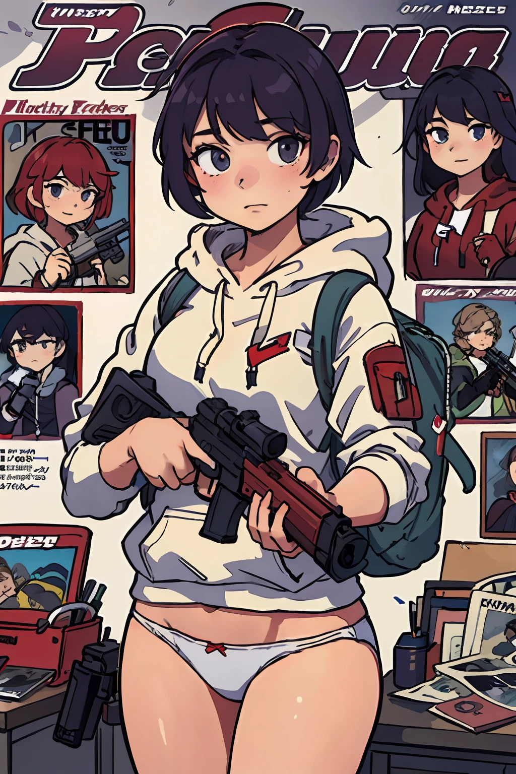 (masterpiece:1.2, best quality), (highly detailed:1.3), (magazine cover), 1girl, 17yo girl, (white panties), (red hoodie), backpack, (holding a gun), wary,