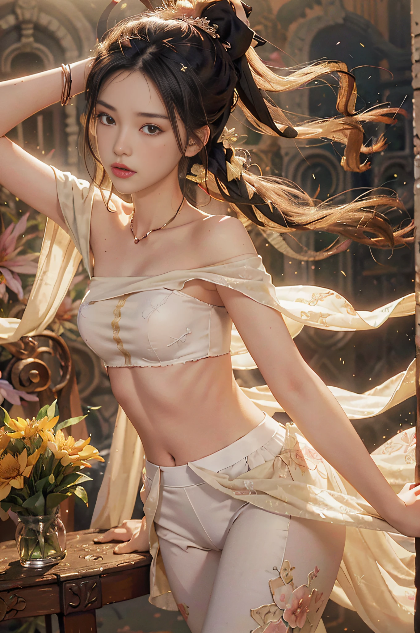 (hyperrealistic), (illustration), (high resolution), (8K), (extremely detailed), (best illustration), (beautiful detailed eyes), (best quality), (ultra-detailed), (masterpiece), (big vista), (wallpaper), (detailed face), solo, (dynamic pose), desert, 1girl, white off-the-shoulder shirt with sexy super short yoga pants, bare shoulders, blooming flower field, glowing skin, light smile, camel toe, (no panties), (no bra)
